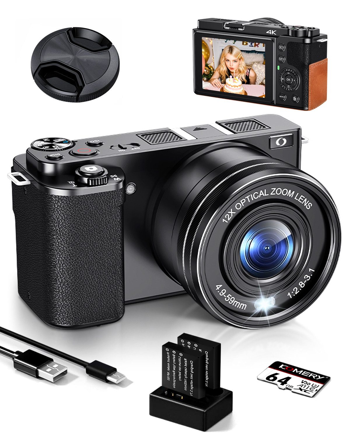 HT Digitalkamera 4K 64MP mit CMOS Sensor & 12X optischem Zoom Kompaktkamera (64 MP, 12x opt. Zoom, WLAN (Wi-Fi), Kamera Fotokamera mit 2,8" display, HDMI-Anschluss, 2 Akkus)
