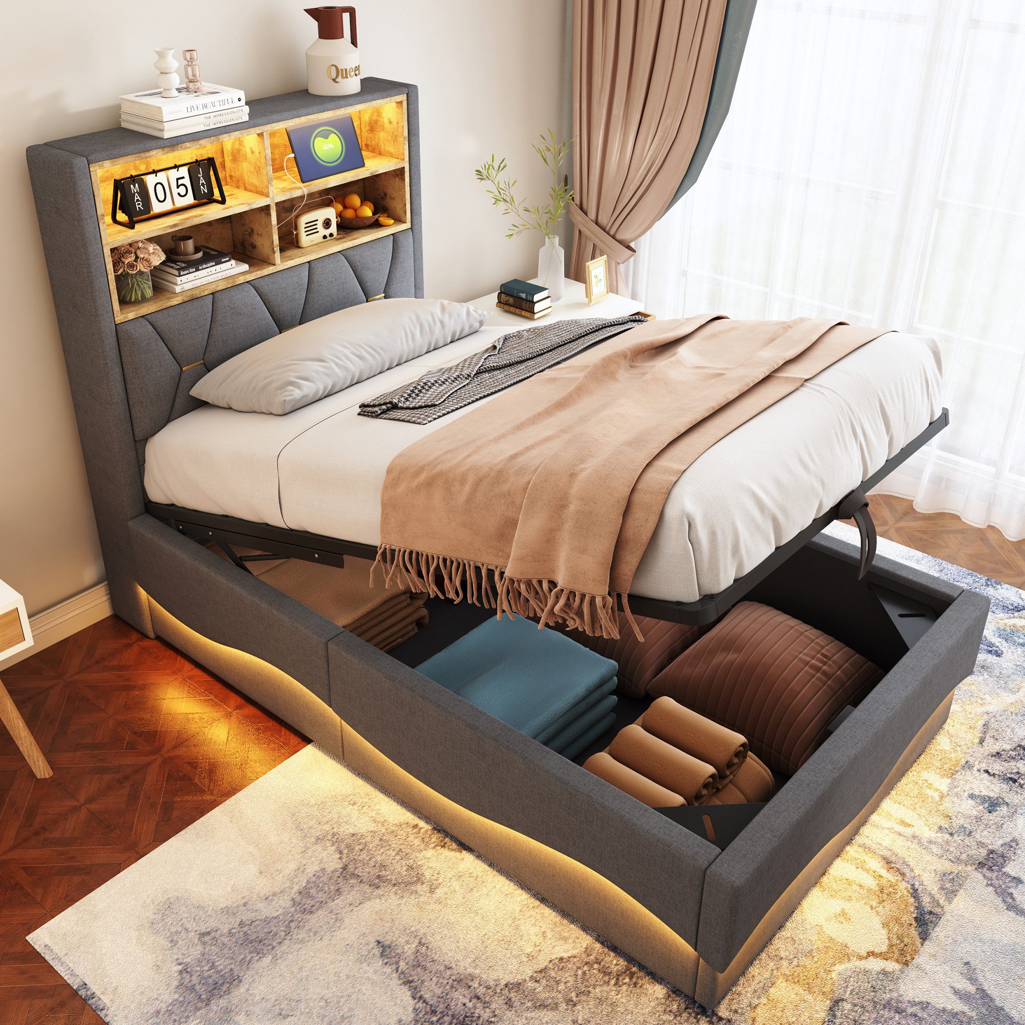 STILVORA Polsterbett 90x200 mit LED-Licht&USB,Jugendbett Einzelbett mit Lat günstig online kaufen