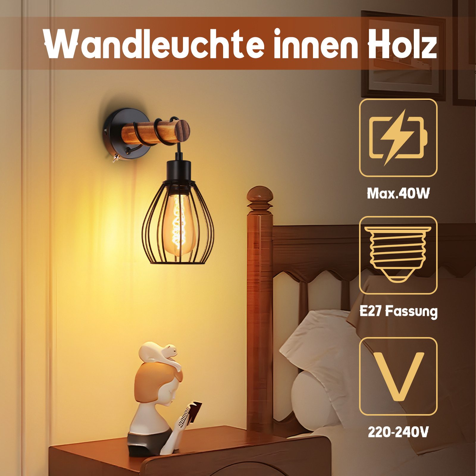Nettlife Wandleuchte Holz Innen Wandlampe Vintage mit Schalter, mit Schalte günstig online kaufen