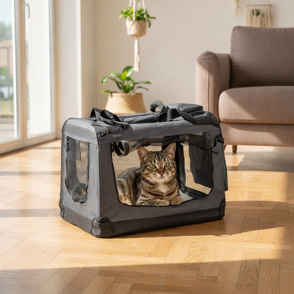belviona Tiertransporttasche für Katzen, faltbar mit Mesh-Fenstern, 50x34x36 cm, dunkelgrau bis 10 kg, leichte & stabile Katzentransportbox mit Innenkissen & Taschen