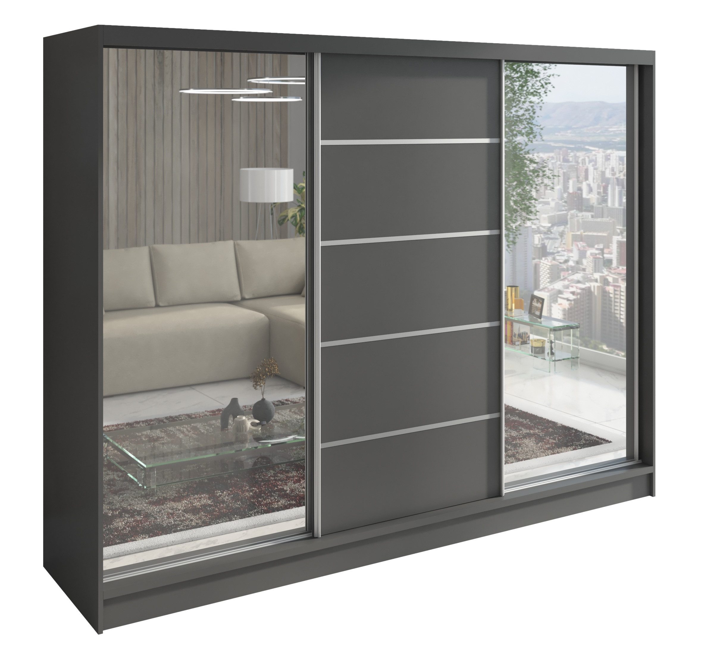 Schiebetürenschrank TOP, 3-türig Schrank 200 cm mit Schubladen und Spiegel