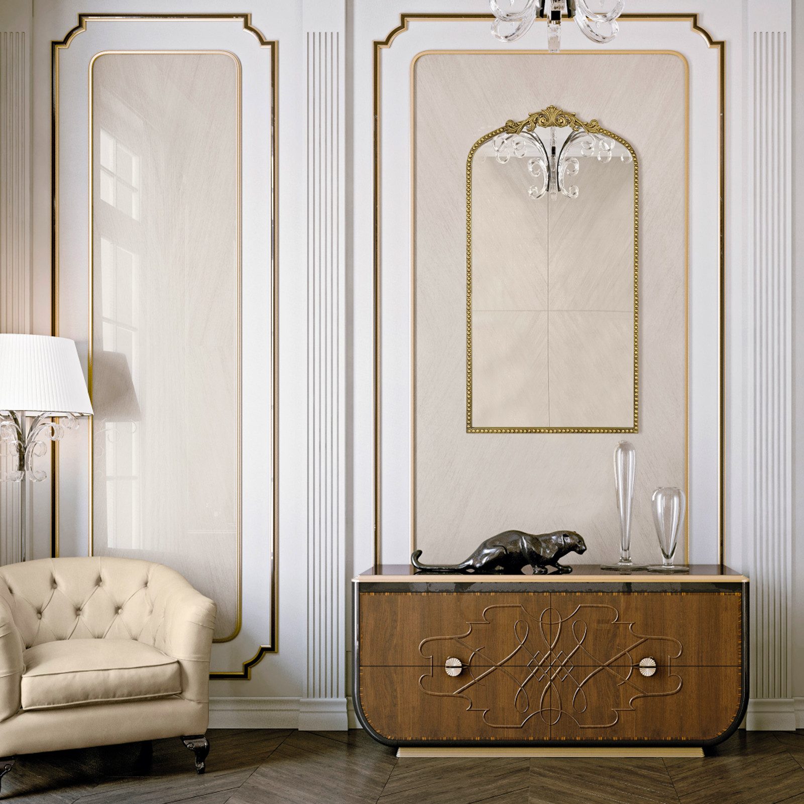 G-LEAF Spiegel Wandspiegel/Ganzkörperspiegel im Barockstil, mit Perlenverzierung (1-St), mit verschlungenen Mustern, 78×48cm, Vintage-Gold