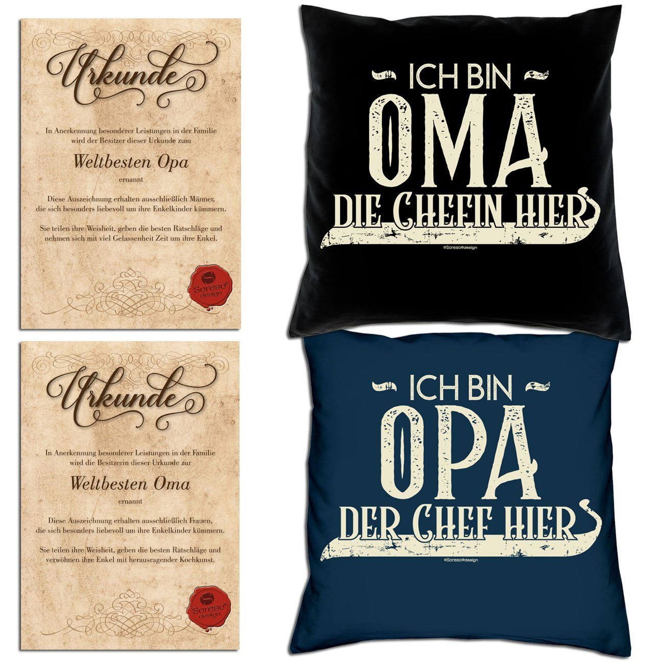 Soreso® Dekokissen Kissen-Set Ich bin Opa der Chef hier Ich bin Oma die Chefin hier mit Urkunden, Weihnachtsgeschenk für Großeltern schwarz