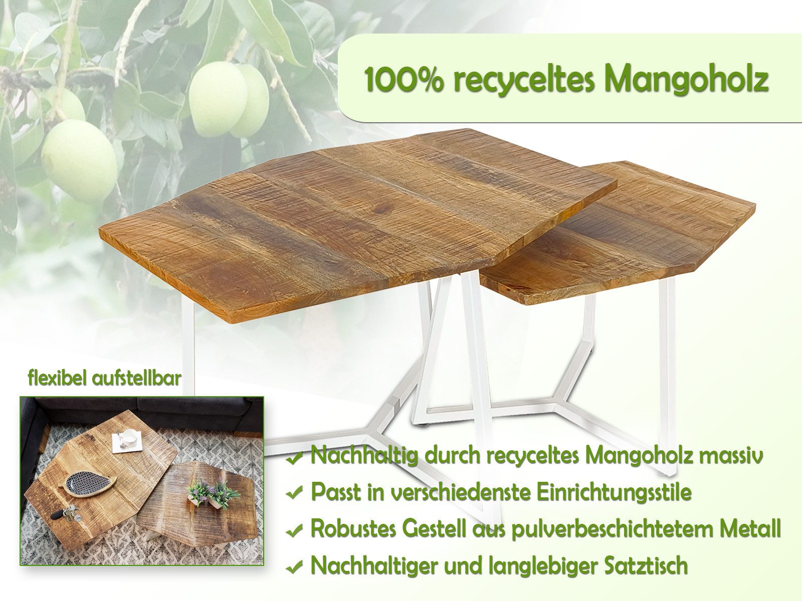 Amagohome Couchtisch Couchtisch 2er Set Beistelltisch Satztisch Wohnzimmer Massivholz Tisch – Bild 2 von 5