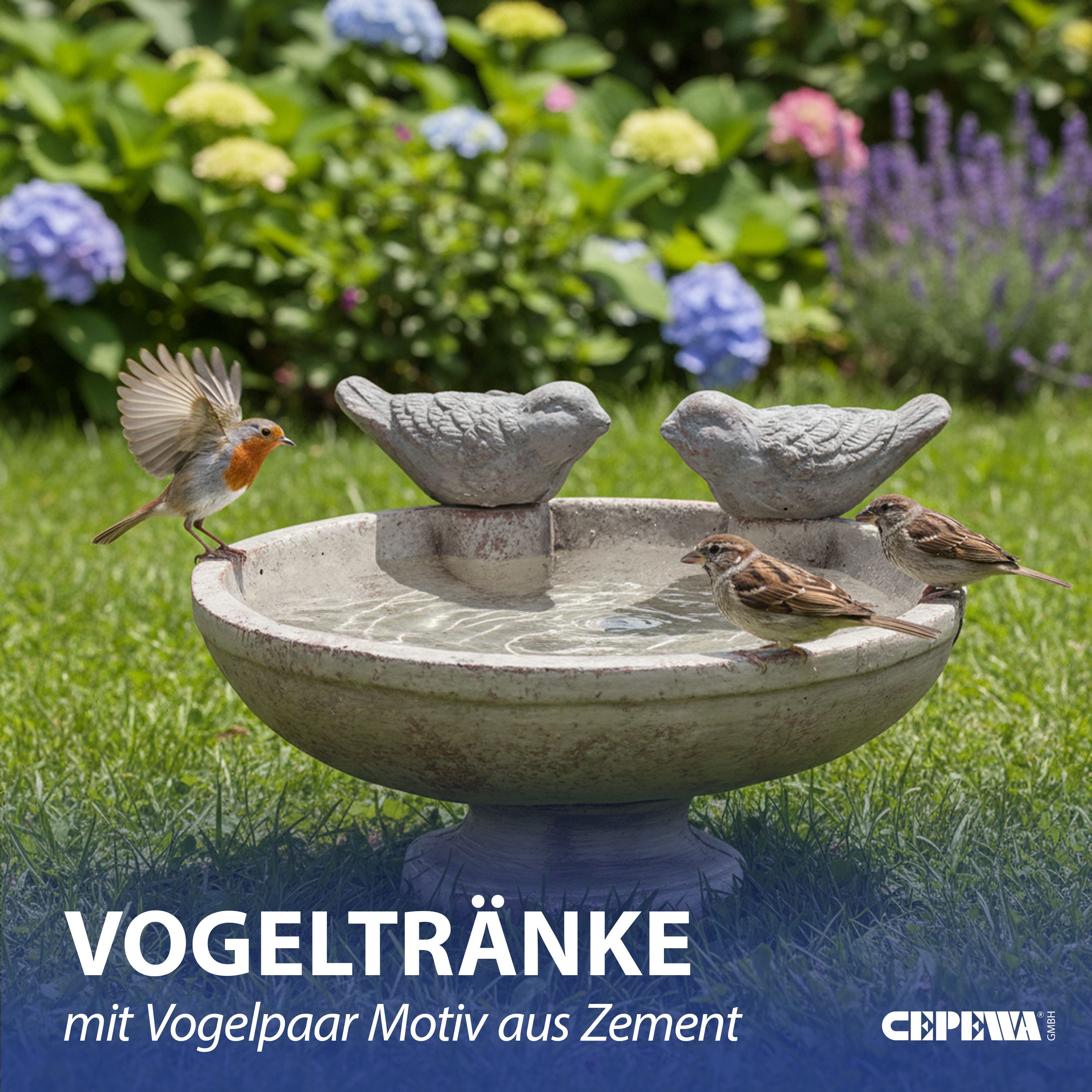 CEPEWA Vogeltränke Vogeltränke zwei Vögel Zement 25x14x21,7cm Wasserbecken Vogelbad