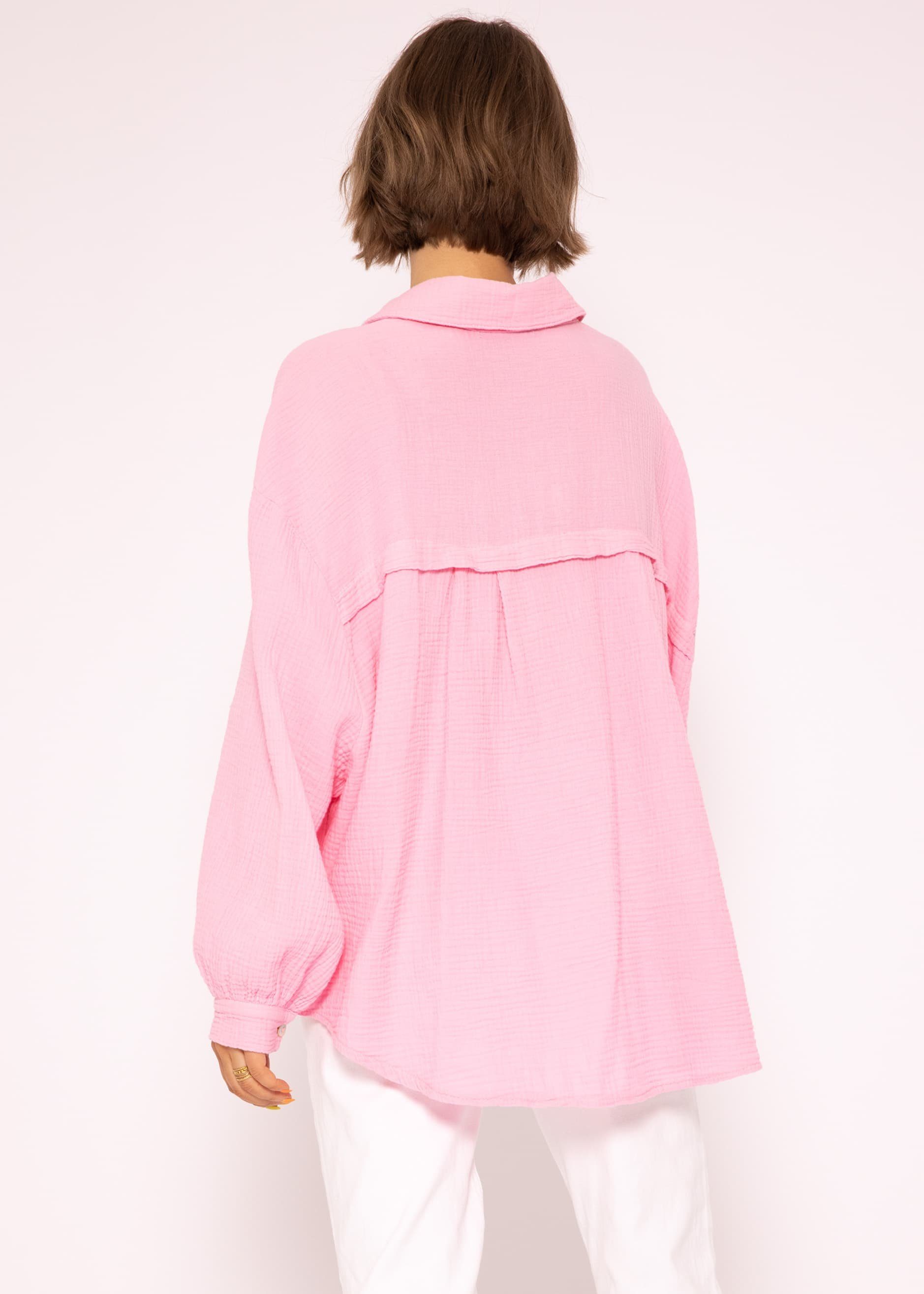 Hemdbluse Longbluse Bluse mit Babyrosa Baumwolle lang Damen 36-48) V-Ausschnitt, Langarm (Gr. SASSYCLASSY Musselin aus Size Oversize One