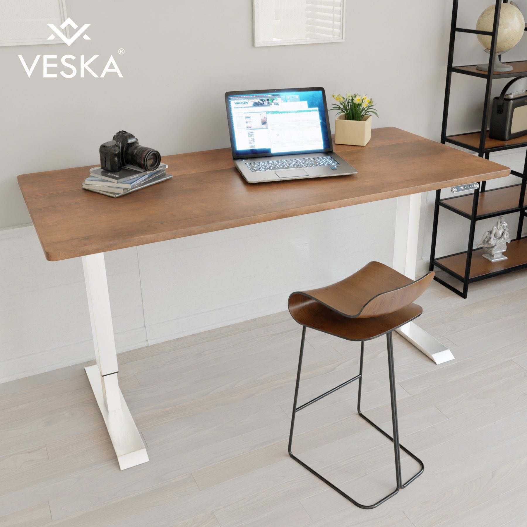 VESKA Schreibtisch Höhenverstellbar 140 x 70 cm - Bürotisch Elektrisch mit Touchscreen - Sitz- & Stehpult Home Office Weiß | Antik