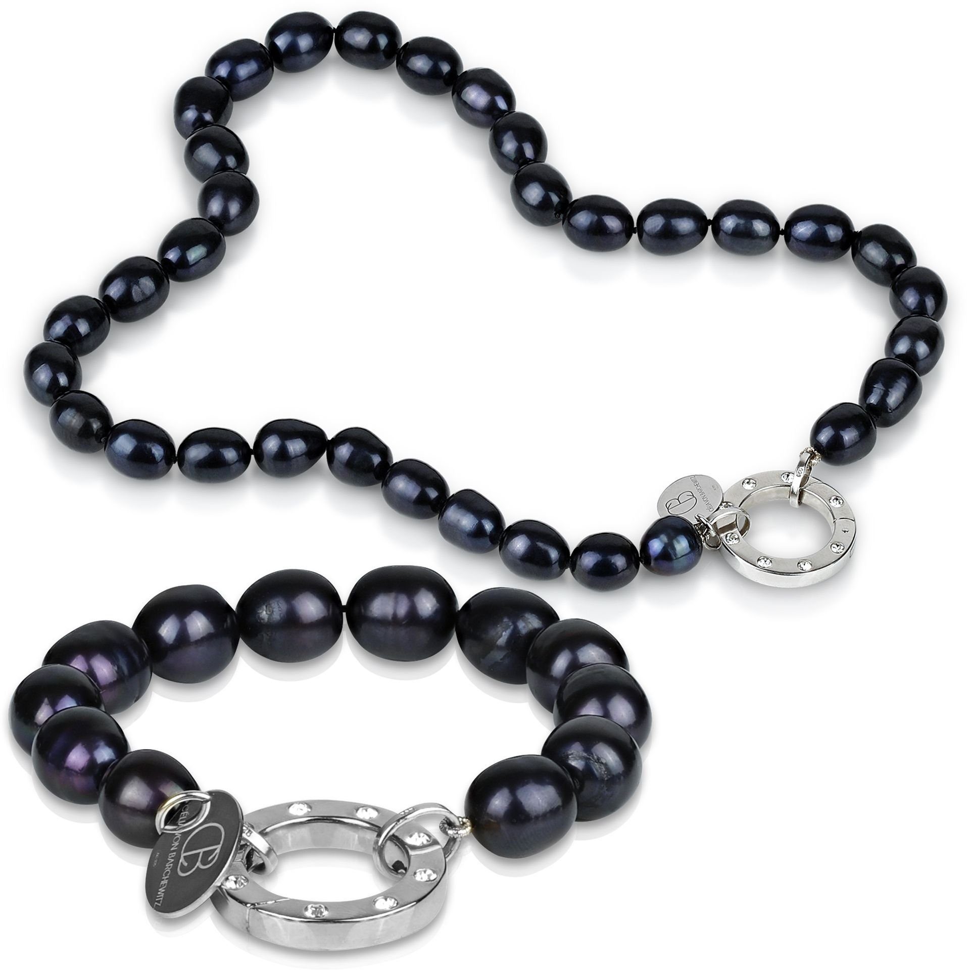 (BIWA), (Armband Zirkonia ovale "Zeitlos Schön" Süßwasser-Zuchtperlen mit kurzer Perlenketten-Set Halskette, von echte Barchewitz Schwarz mit Modulring Célia 2-tlg),
