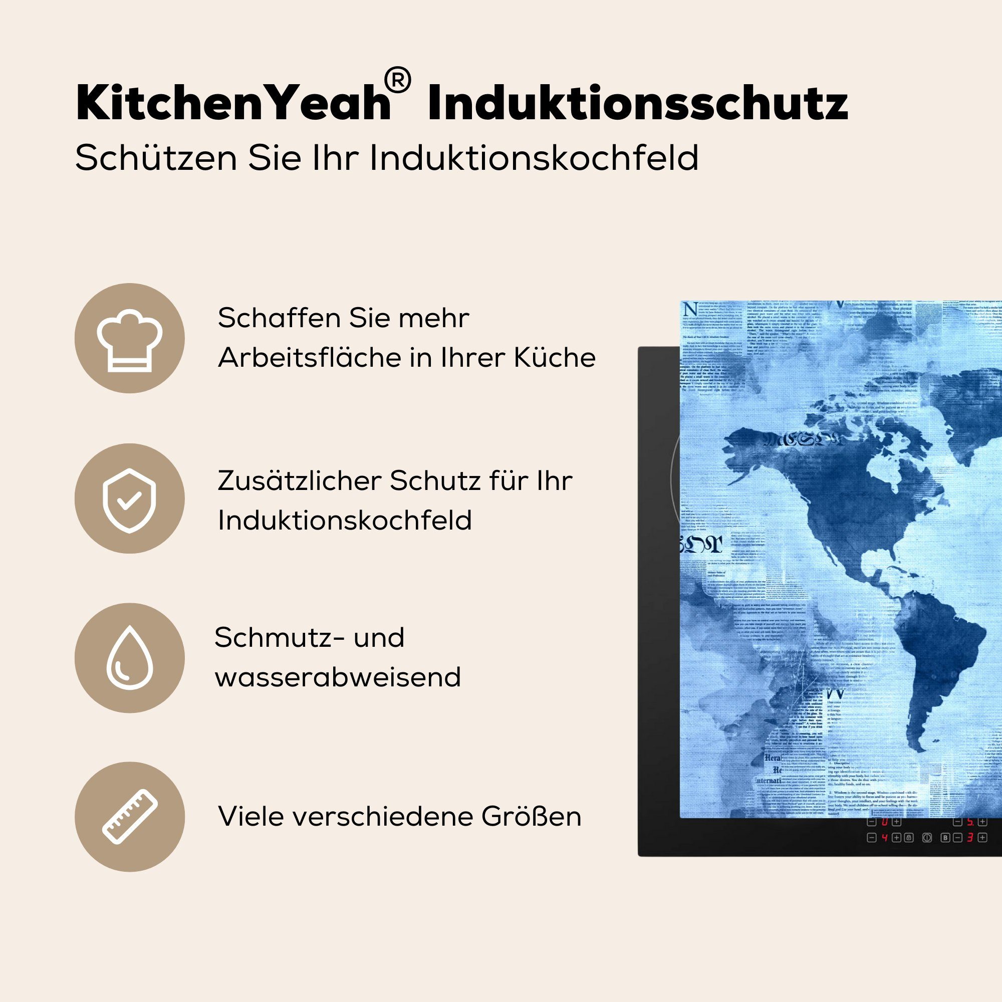 MuchoWow Herdblende-/Abdeckplatte Weltkarte - Vinyl, (1 cm, küche, für Schutz Blau die 81x52 Induktionskochfeld Ceranfeldabdeckung - tlg), Zeitung