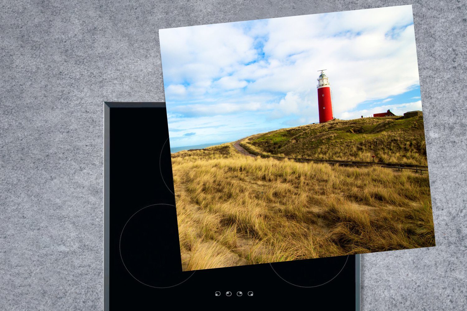 Strand tlg), für Ceranfeldabdeckung, küche Herdblende-/Abdeckplatte - (1 - Wolken, cm, 78x78 Arbeitsplatte Vinyl, MuchoWow Leuchtturm