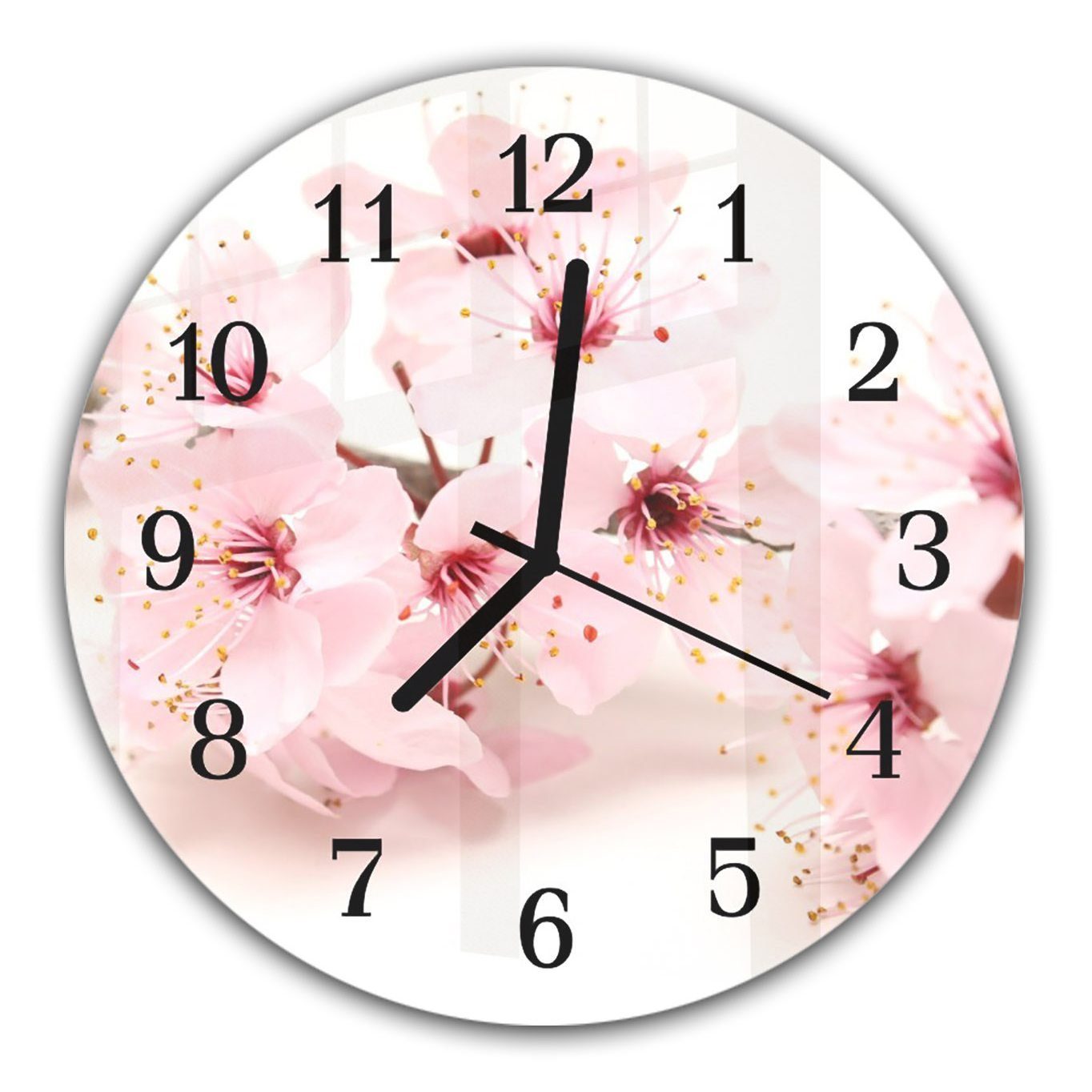 mit Primedeco Blüten mit und Rund Quarzuhrwerk Japanische Durchmesser Glas - 30 Wanduhr Motiv Wanduhr cm aus