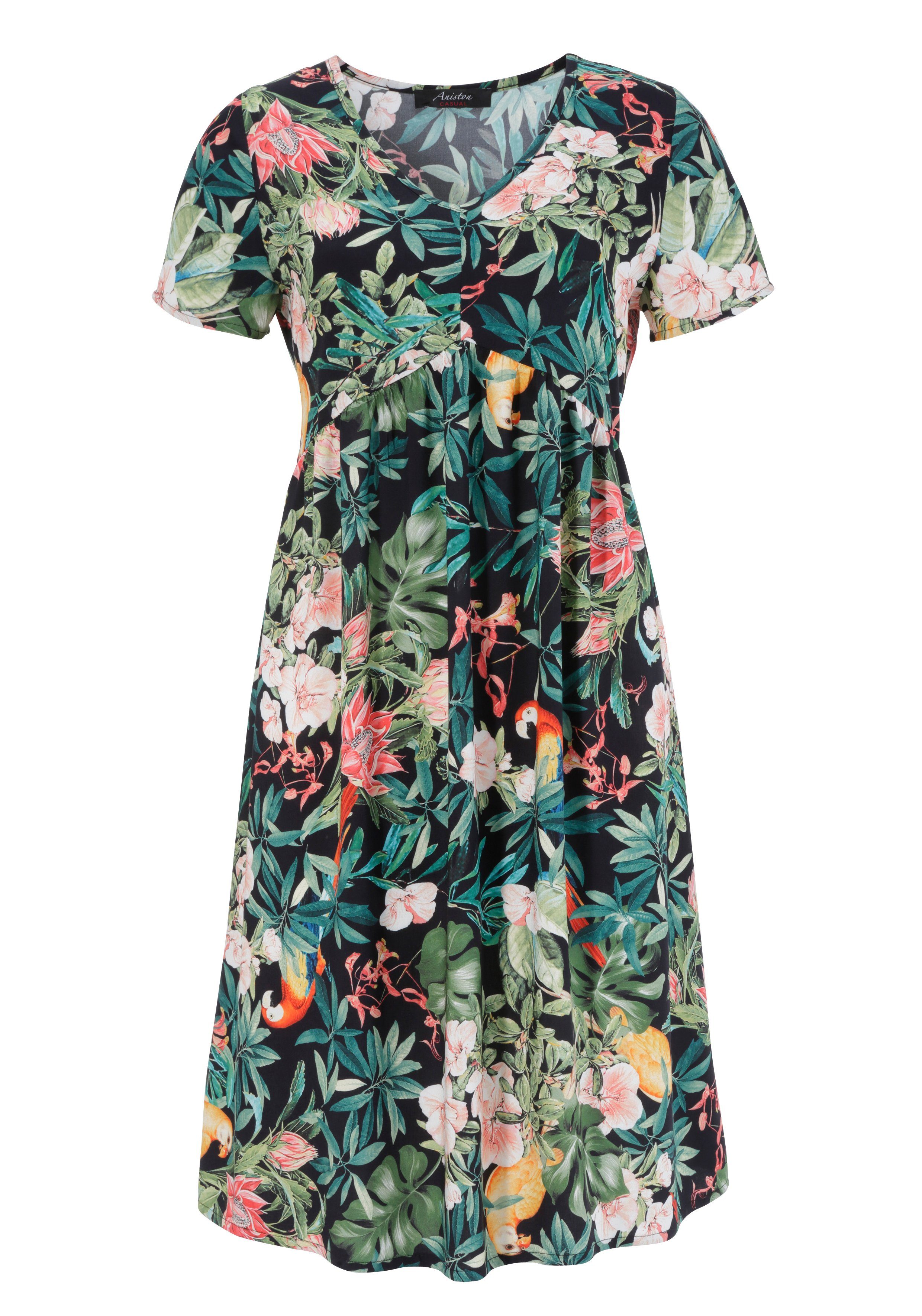 Aniston CASUAL Sommerkleid und Blättern mit Papageien, Tropical-Print Blumen