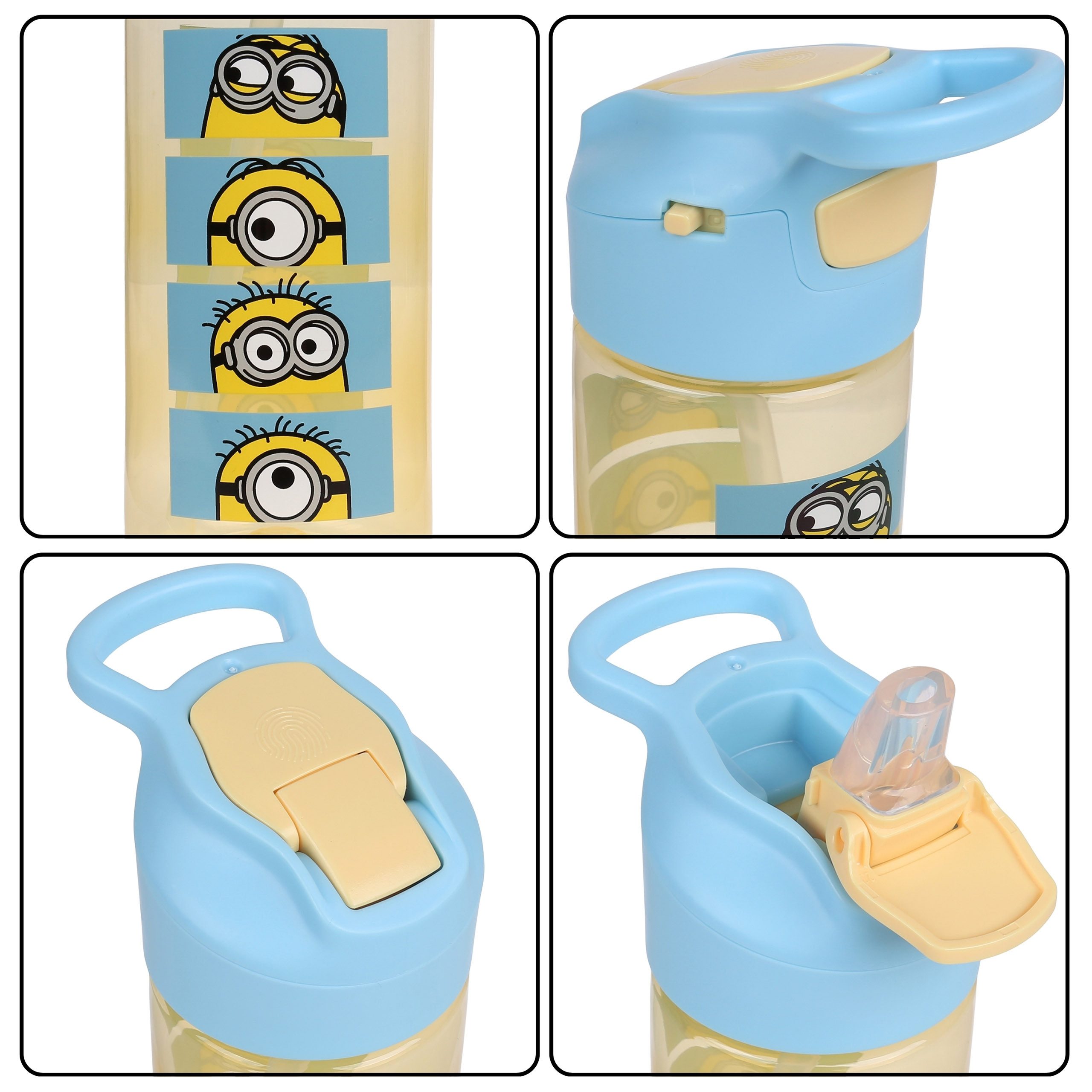 Sarcia.eu Trinkflasche Minions Wasserflasche mit Trinkhalm und Griff, transparent, 450 ml
