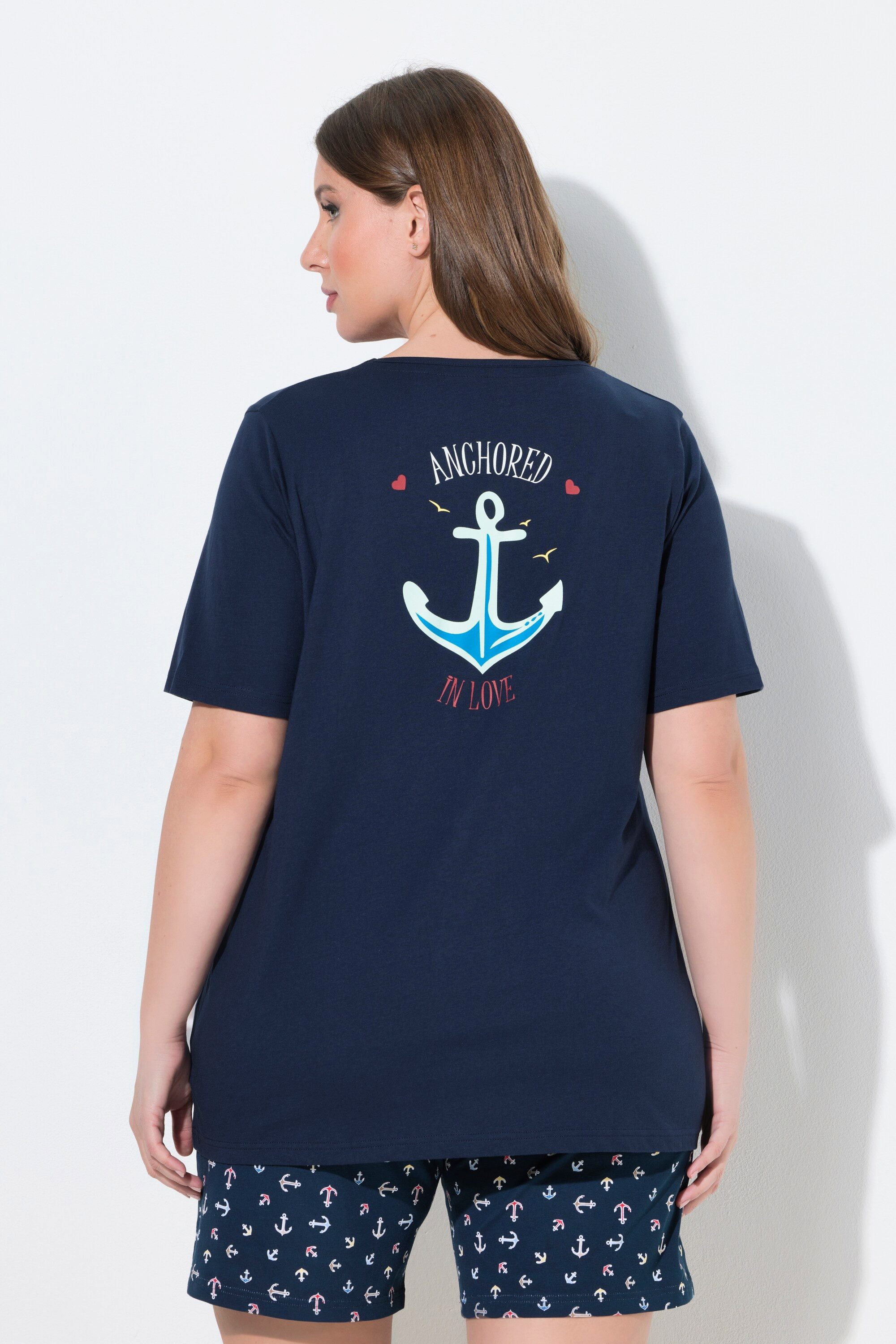Ulla Popken Pyjama Pyjamashirt Segelboot Rundhals Halbarm