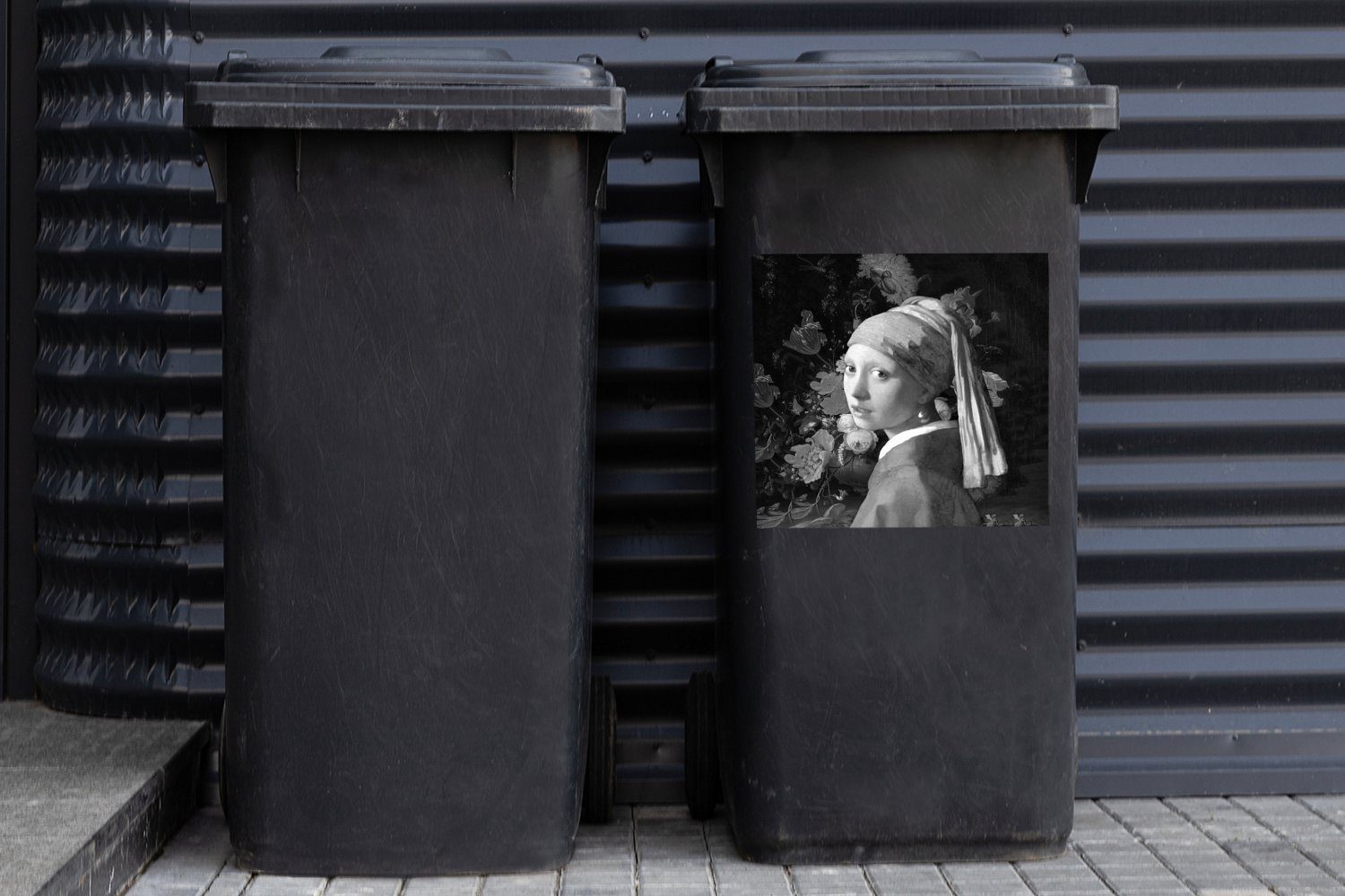 MuchoWow Wandsticker Das Johannes und Sticker, St), Mülltonne, (1 Mülleimer-aufkleber, Perlenohrring Mädchen Abfalbehälter - Schwarz Vermeer - dem mit Container