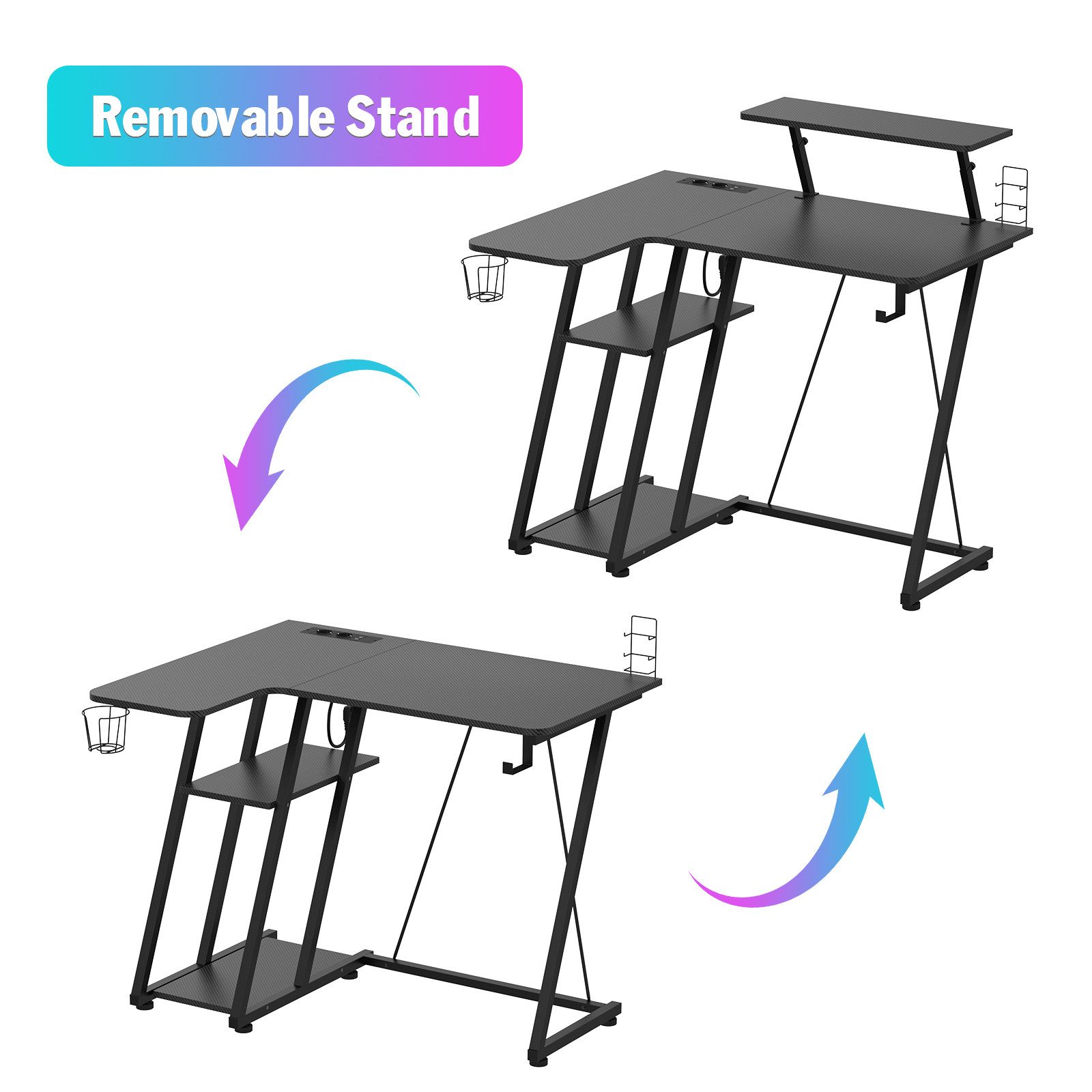 JEOBEST Eckschreibtisch Gaming Tischmit Regal, Schreibtisch, Office Desks mit Steckdose und Monitorständer