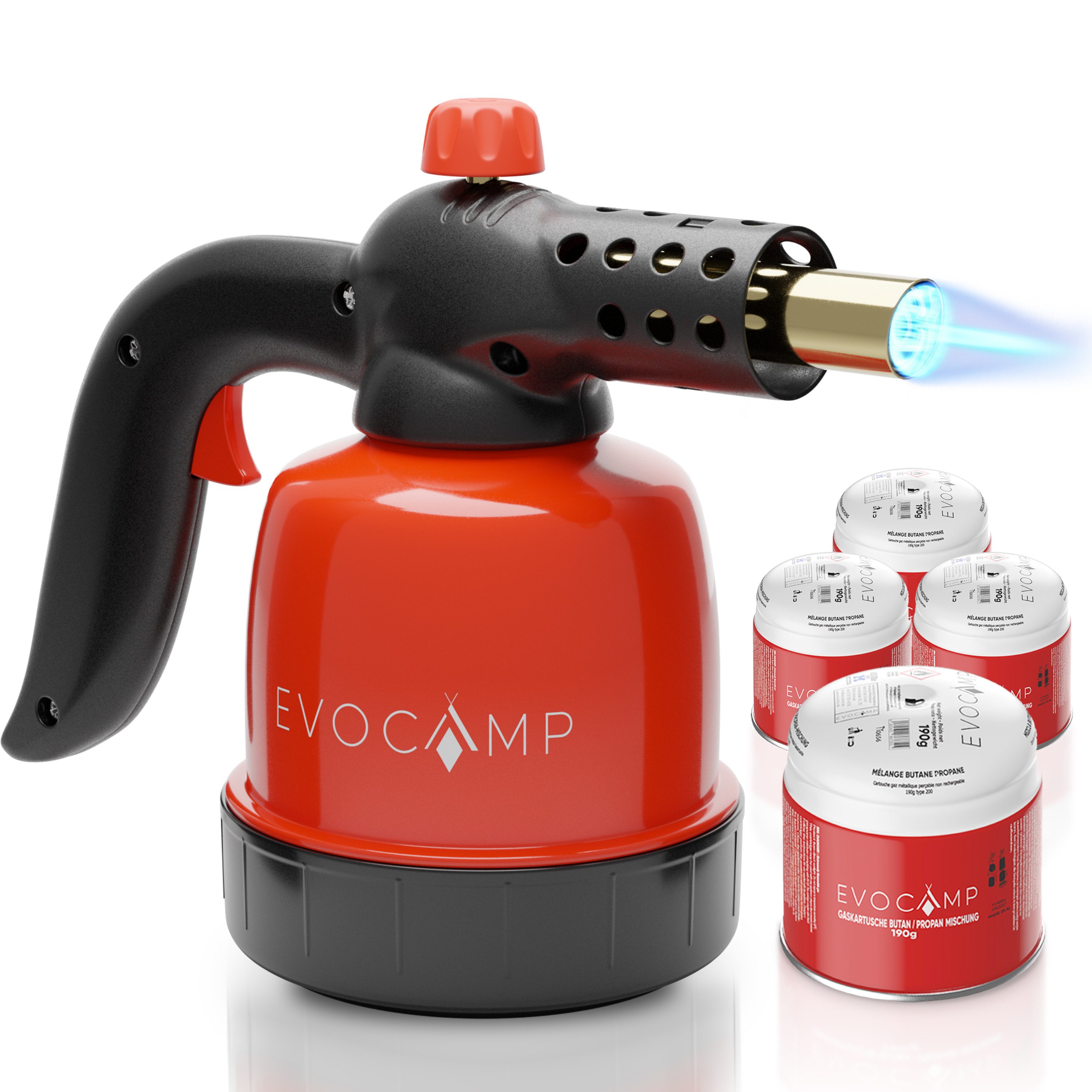 EVOCAMP Flambierbrenner Gasbrenner 1,3 kW, Küchenbrenner, Lötlampe mit Piezozündung, Max. Temperatur 1300°C, mit 4 Gaskartuschen 190g