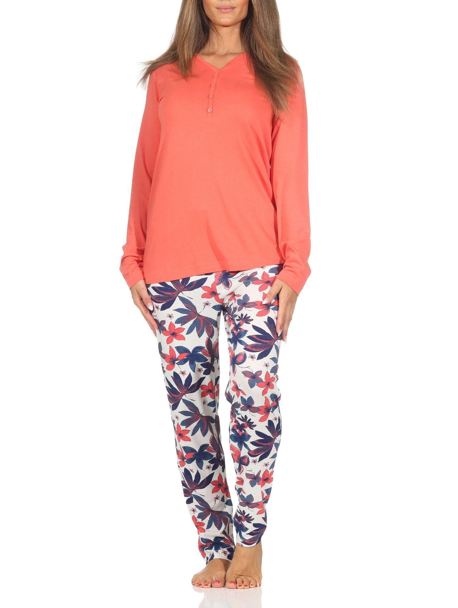 Pyjama Damen Schlafanzug langarm in floralem Design - auch in Übergrößen