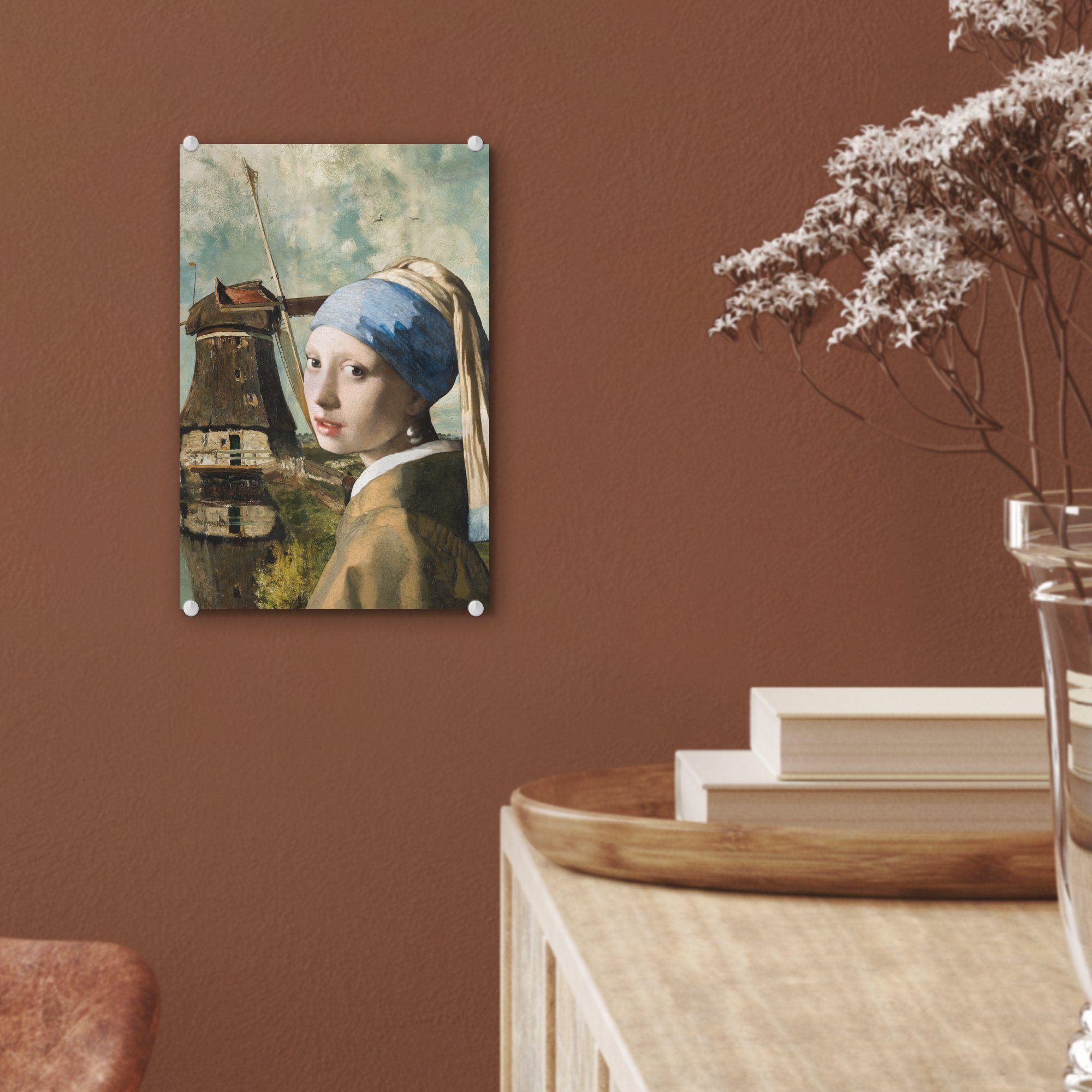Mädchen auf Glas Acrylglasbild - Foto Johannes bunt Glas Vermeer St), - auf Bilder Glasbilder Das - mit Perlenohrring - Wandbild - MuchoWow Wanddekoration dem (1 Mühle,