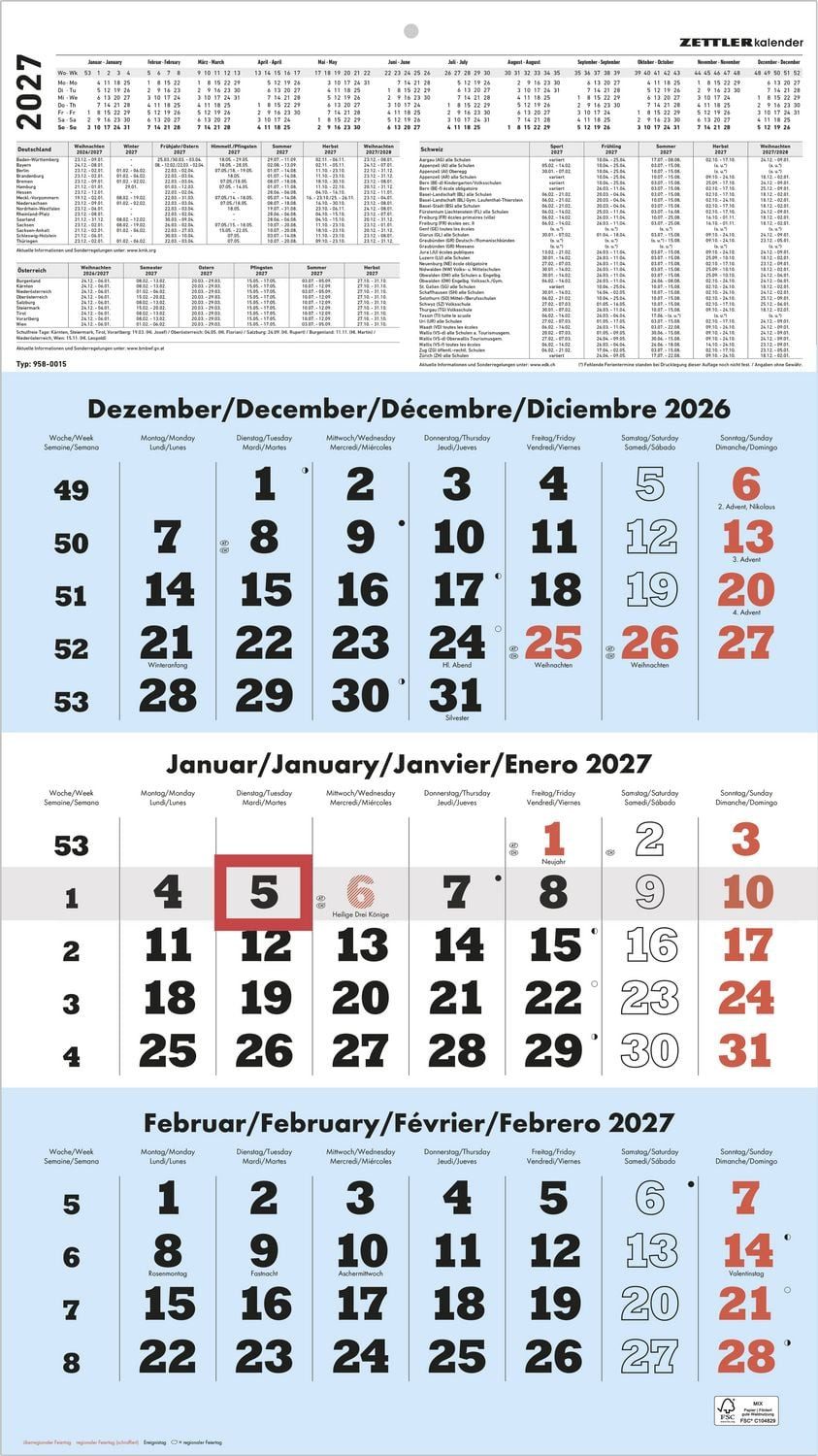 Wandkalender 3-Monatskalender blau 2027