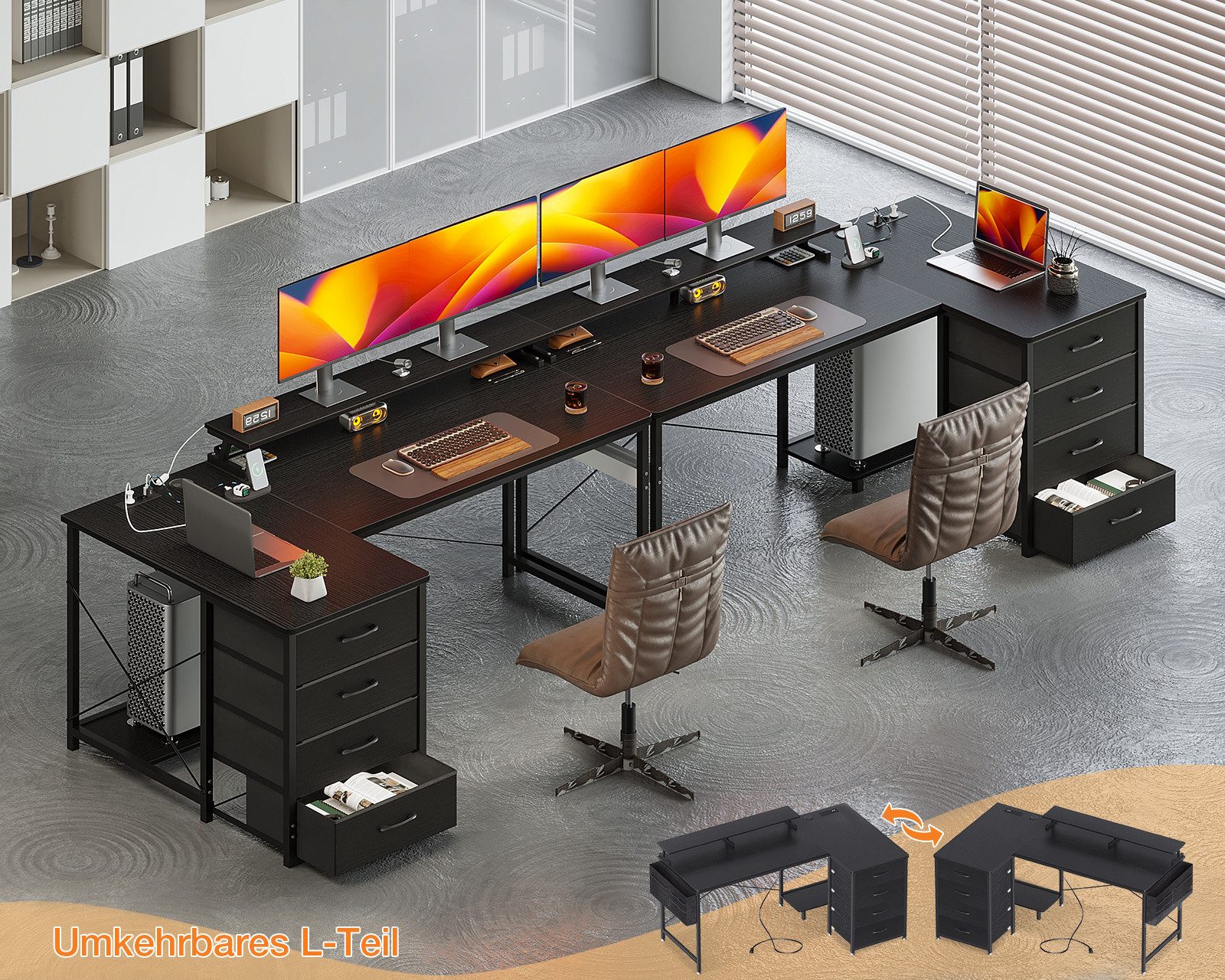 ODK Schreibtisch mit 4 Schubladen, USB-Ladeanschluss und 2 Steckdose (1 Tisch), 140x80x84.5cm, schwarz