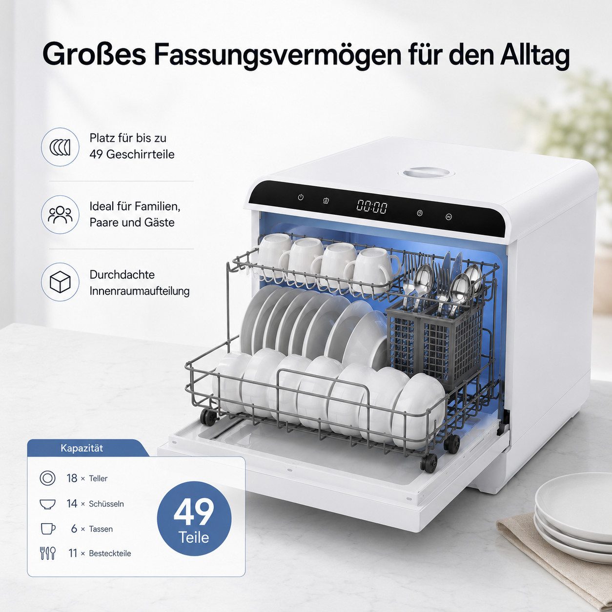 Fyrove Tischgeschirrspüler VTX02-VTX03, Doppelte Trocknung, flexibel mit Wassertank oder Wasseranschluss
