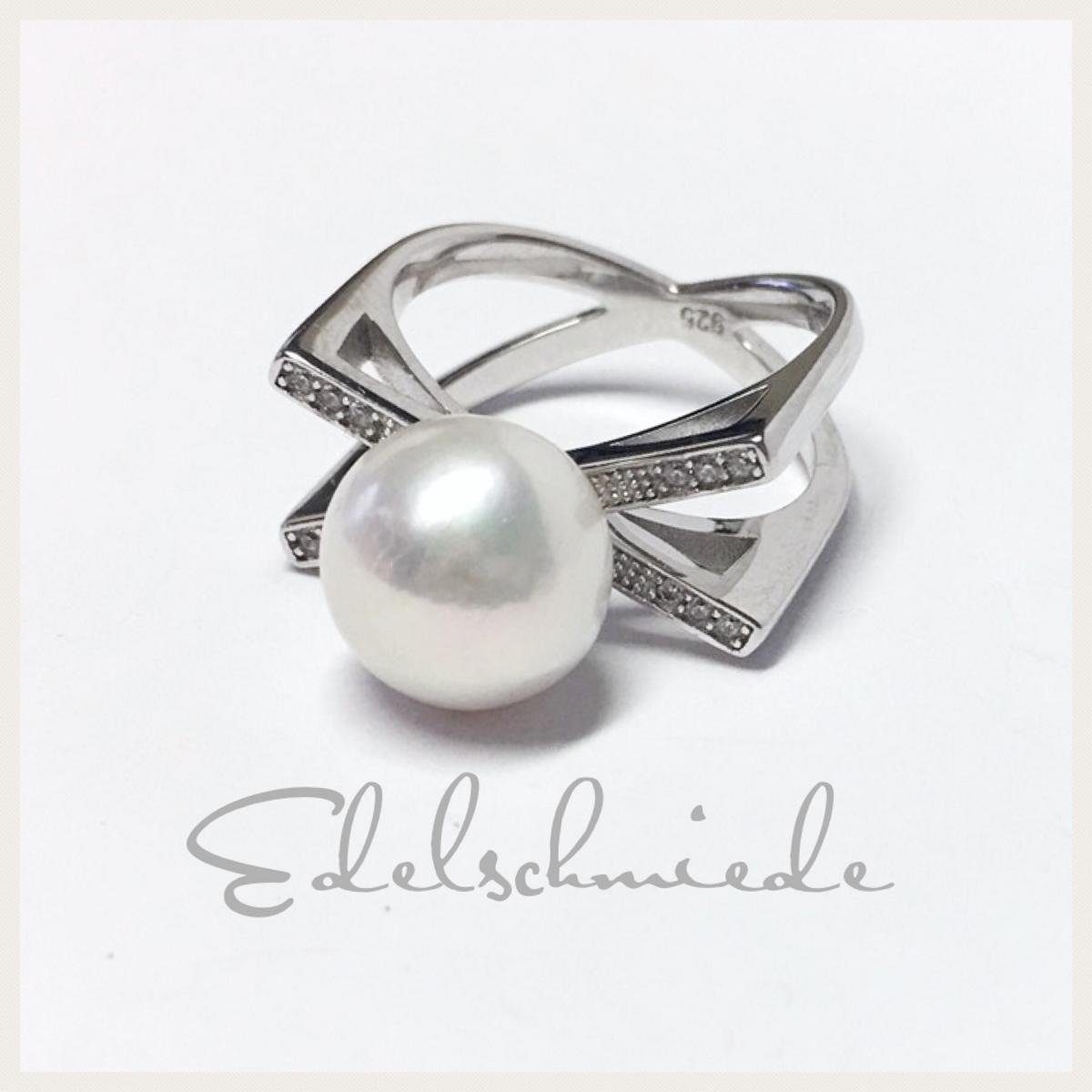 Silberring üppiger Silberring 925/- mit echter Perle 11,5mm + Zirkonia #56