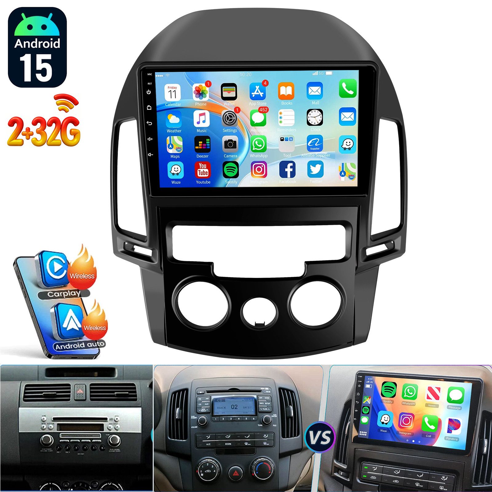 ESSGOO 9'' DAB+ Für Hyundai i30 MK1 FD 2006-11 Android 15 Carplay GPS Navi BT Autoradio (RDS, 2+64GB(optional), FM, AM, DAB+ (optional), Wireless Apple Carplay & Android Auto,2 DIN,WiFi)