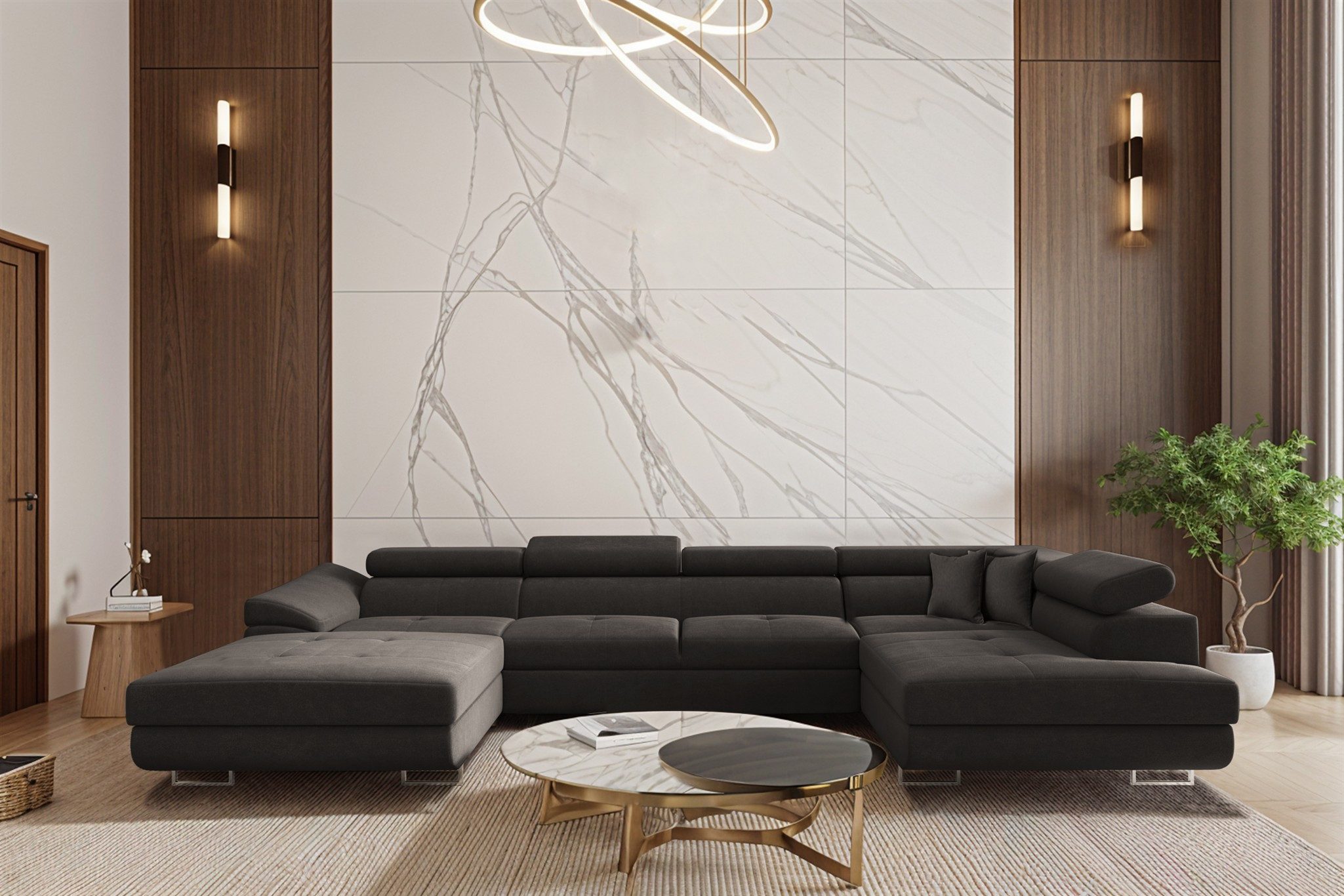 Fun Möbel Wohnlandschaft CARMELO Sofa mit Schlaffunktion und Ottomane Stoff Nova, mit Bettkasten, Rücken echt bezogen