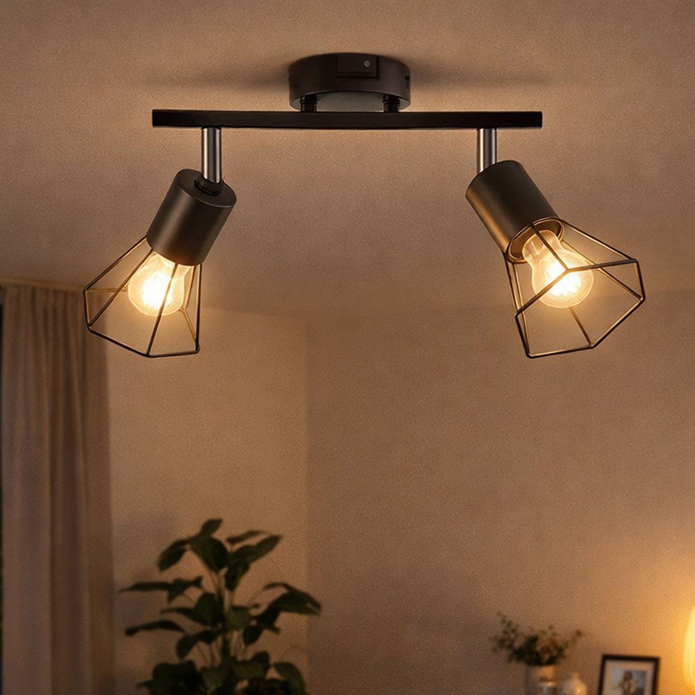 NOWA Deckenleuchte, Leuchtmittel nicht inklusive, Retro Deckenlampe Käfig Deckenstrahler 2 flammig Deckenleuchte schwarz