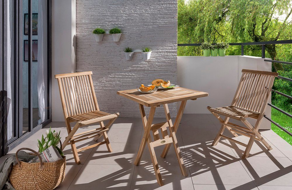 Junado® Balkonset Sunrise, robustes Teakholz, Tisch und Stühle klappbar,  platzsparend, 70 x 70 c