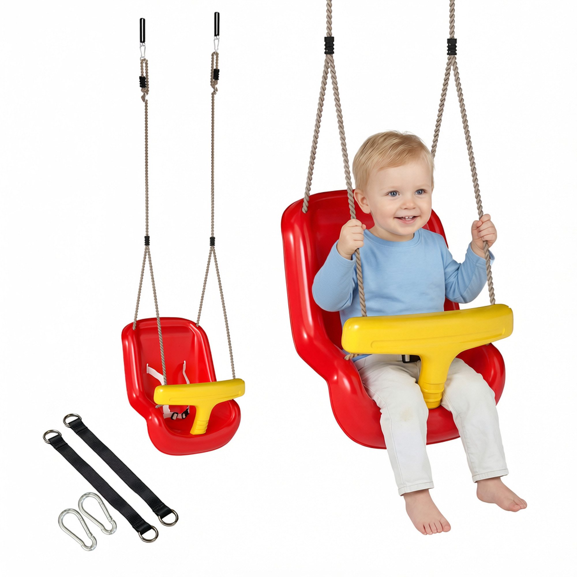 AIYAPLAY Einzelschaukel Kinderschaukel Babysitz mit Rückenlehne, Sicherheitsgeländer, (verstellbar Mitwachsend Schaukelsitz, 1-tlg., Babyschaukel), für Kinder von 9-36 Monaten, für Outdoor & Indoor, Rot