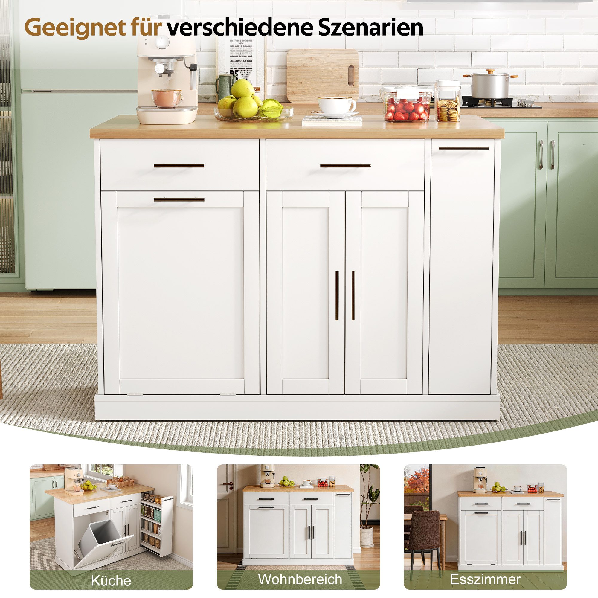 BlingBin Küchenwagen Kücheninsel auf Rollen mit klappbarer Arbeitsplatte,mit Müllschrank, (1 Stück, 1 St., 120 × 45 (70) × 93 cm), mit 4-stufigem Gewürzregal, 2 Schubladen und feststellbaren Rollen