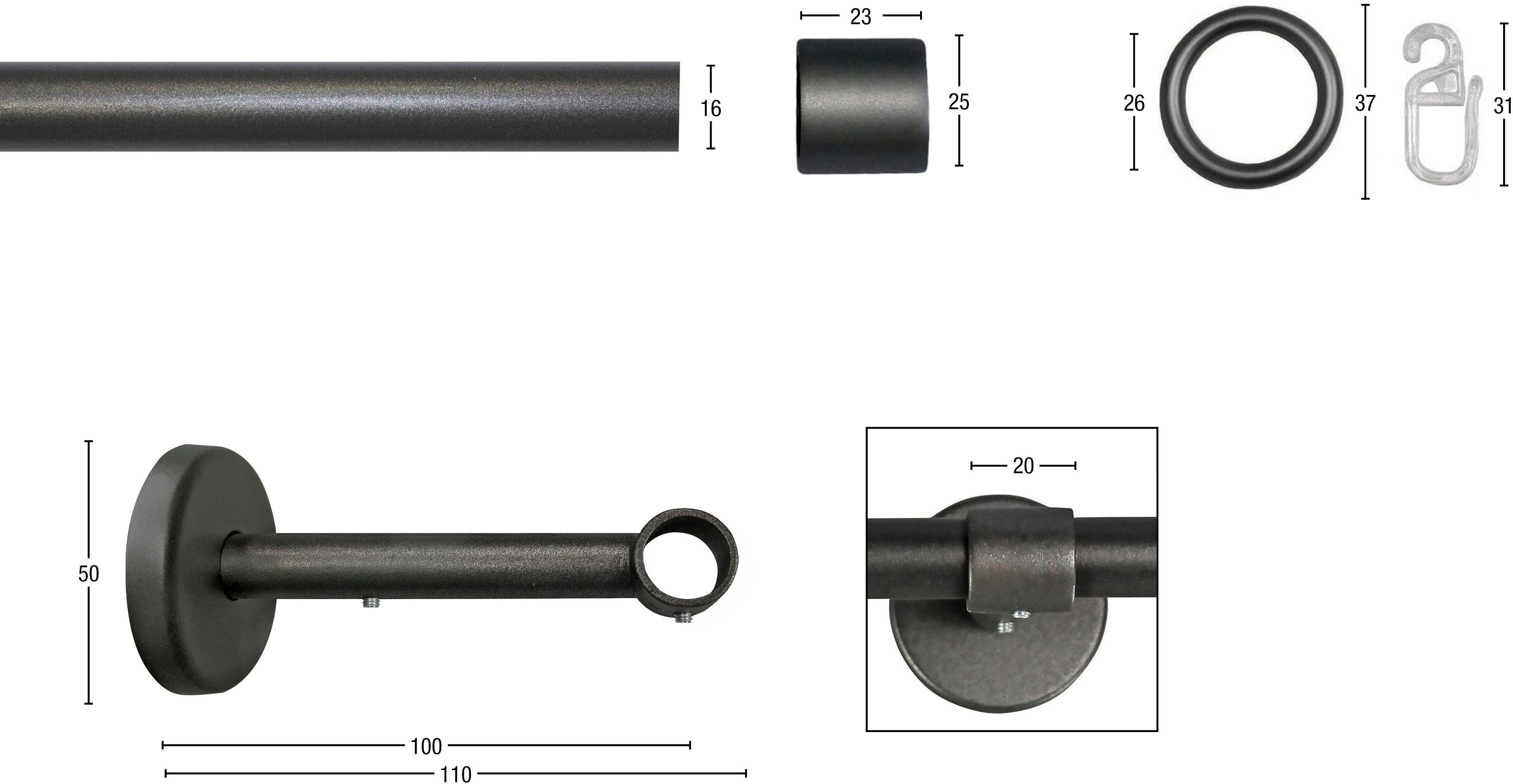 GARESA Gardinenstange RUSTIKA, Ø 16 mm, 1-läufig, Wunschmaßlänge, verschraubt, Metall, rustikale Vorhanggarnitur, verlängerbar, m. Ringe, Endkappe