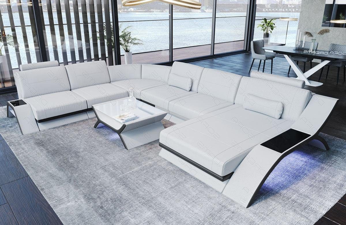 Sofa Dreams Wohnlandschaft Calabria - XXL U Form Ledersofa, Couch, mit LED  Beleuchtung, USB Anschluss und Multifunktions-Console
