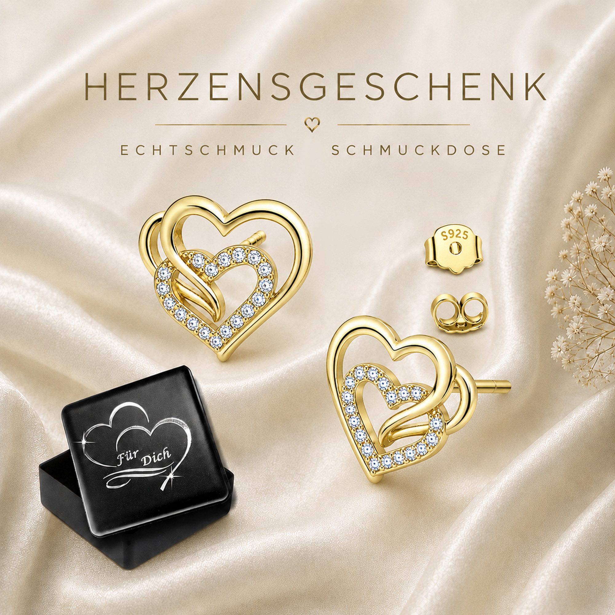 Limana Paar Ohrstecker mit Herz Damen Ohrringe 925 Silber vergoldet Zirkonia Geschenk (Freundin Frau Ehefrau Mama Schmuck inkl. Dose), Jahrestag Geburtstag Hochzeitstag Weihnachten Valentinstag Muttertag