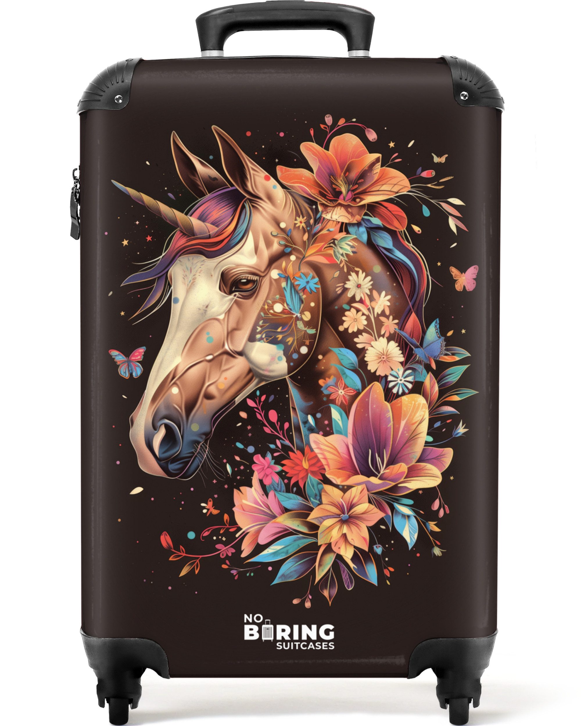 NoBoringSuitcases.com© Kinderkoffer Einhorn und Blumen auf schwarzem Hintergrund 55x35x20cm, 4 Rollen, Kinder Koffer Klein, Trolley Handgepäck, Reisekoffer