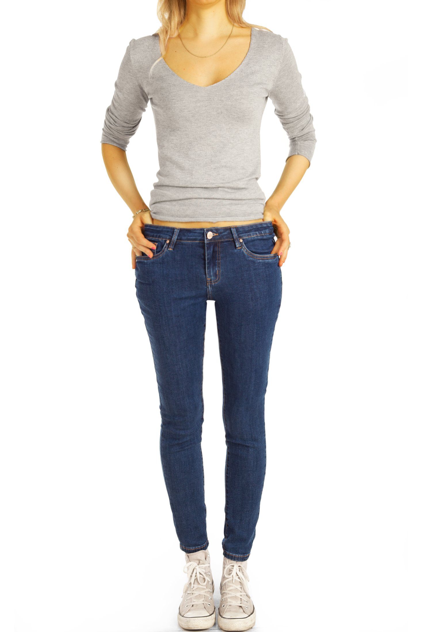 be styled Low-rise-Jeans Hüftjeans Skinny - Stretch-Anteil, - Stretch Hose dunkelblau slim 5-Pocket-Style Röhrenjeans Damen- j27p-1 mit