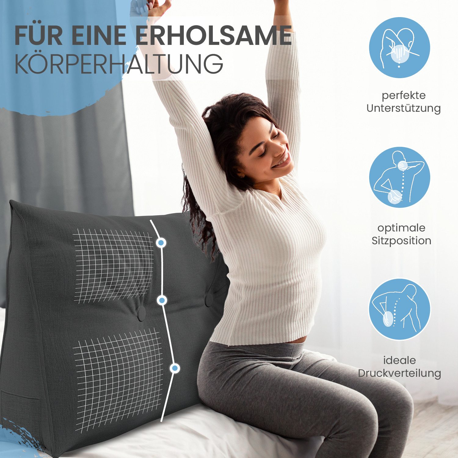 ELONEO Rückenkissen Keilkissen für Bett und Sofa, Lesekissen mit praktischem Seitenfach, 1-tlg., mit praktischem Seitenfach, Lesekissen, mit waschbarem Bezug
