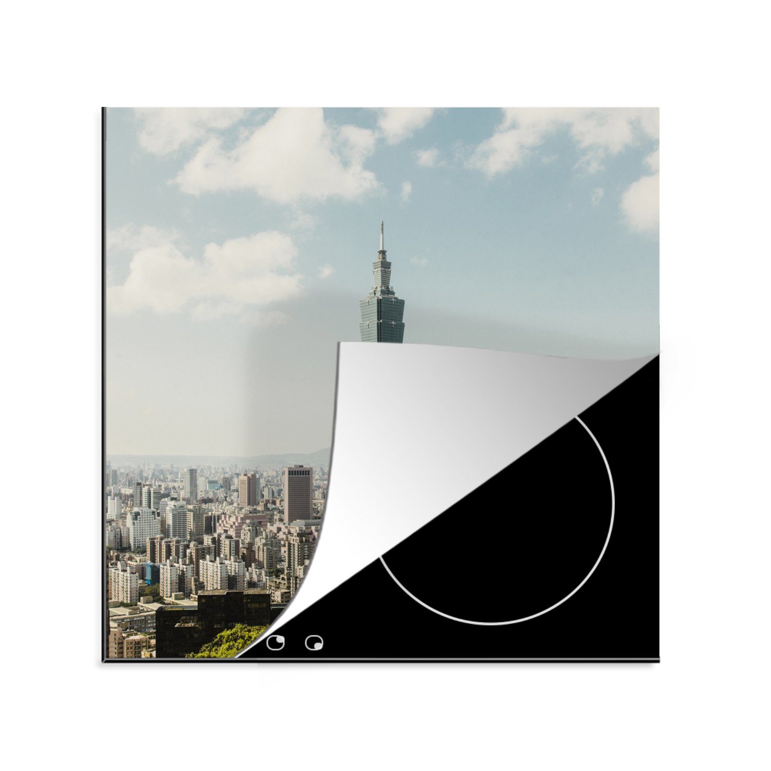 Vinyl, MuchoWow Blick Ceranfeldabdeckung, cm, Taipei den (1 78x78 küche asiatischen tlg), für Wolkenkratzer 101, auf Herdblende-/Abdeckplatte Arbeitsplatte