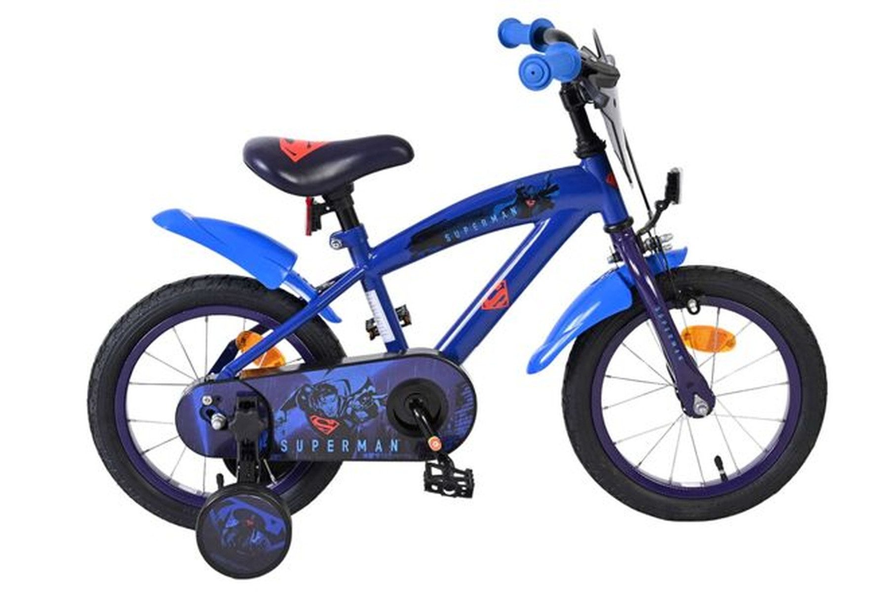 Volare Kinderfahrrad Superman Jungen 14 Zoll Dunkelblau – verstellbar, mit Stützrädern, Rücktrittbremse und Vorderrad-Handbremse, Luftreifen,5–5 Jahre