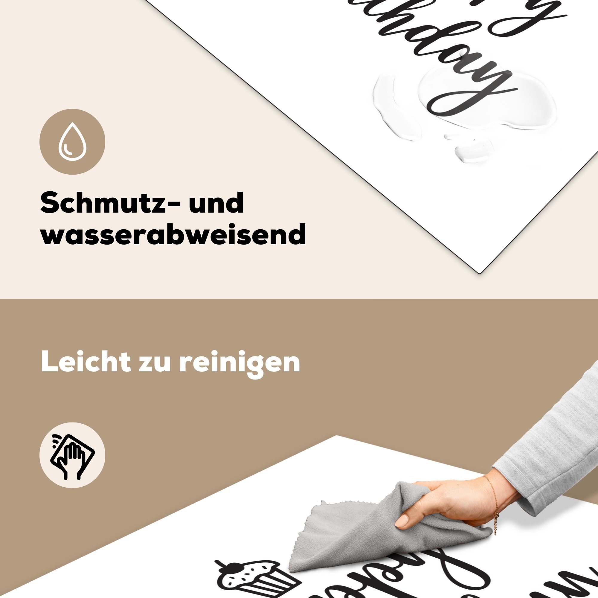 Ceranfeldabdeckung, "Happy Zitat Birthday" einem weißen Hintergrund, mit dem tlg), Cupcake cm, 78x78 küche (1 für MuchoWow auf Arbeitsplatte Herdblende-/Abdeckplatte Vinyl,