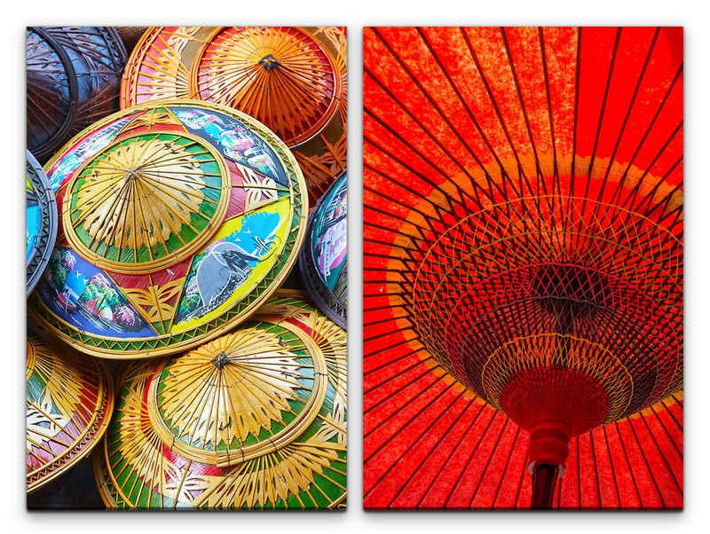 Sinus Art Leinwandbild »2 Bilder je 60x90cm Sonnenschirme Rot Asien Traditionell Papierschirm Kunstvoll Farbenfroh«