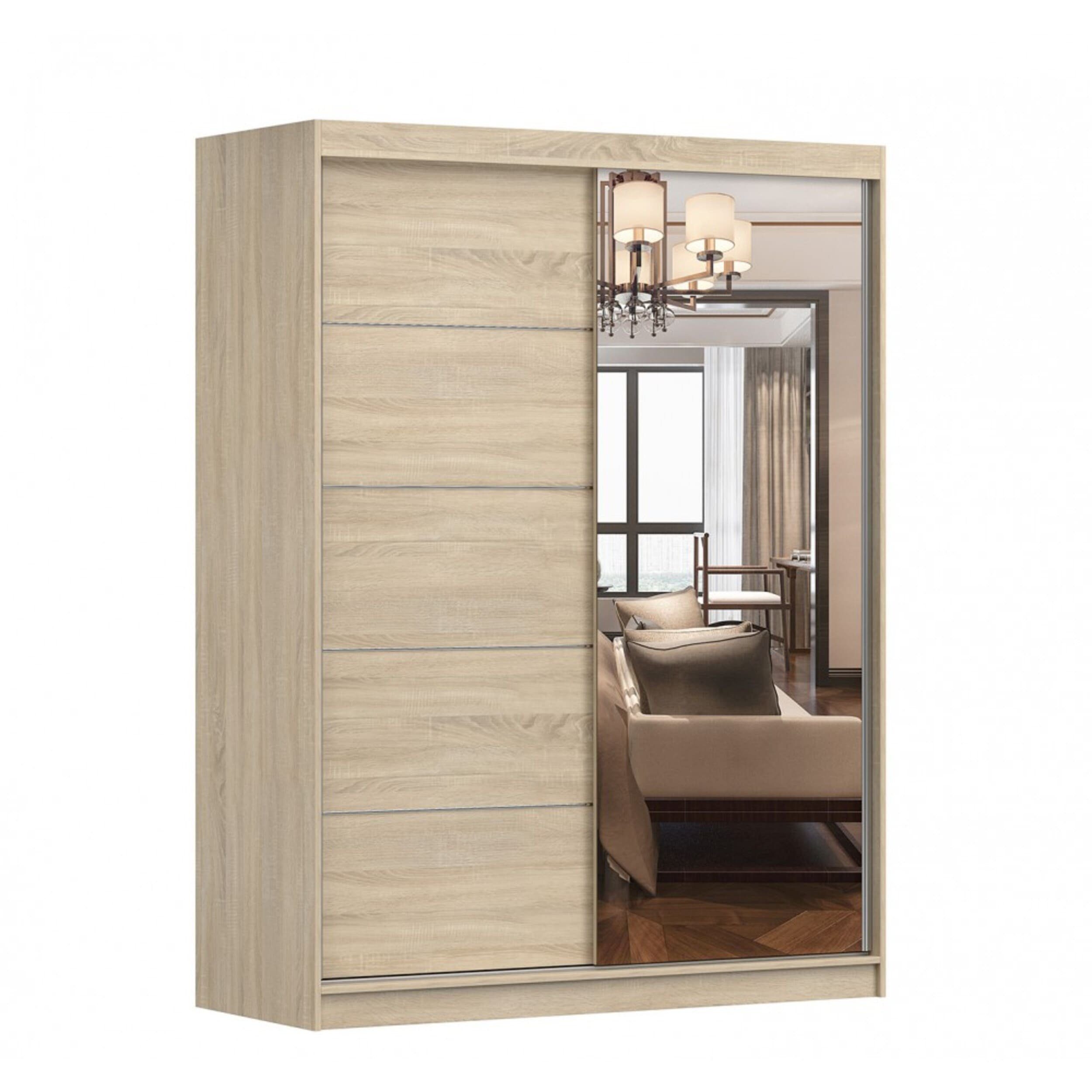 MOEBLO Kleiderschrank LARA 05 (mit Spiegel Schwebetürenschrank 2-türig Schrank mit vielen Einlegeböden und Kleiderstange, Gaderobe Schiebtüren Schlafzimmer-Wohnzimmerschrank Modern Design), (BxHxT): 150x200x61 cm