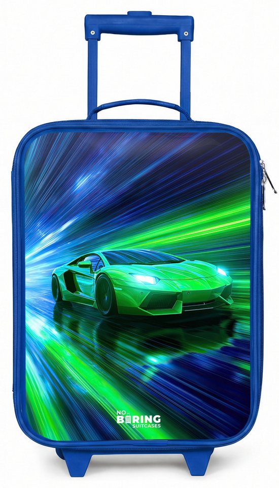 NoBoringSuitcases.com© Kinderkoffer Blau - mit leuchtende Räder - Rennwagen - Hellgrün - Lichtstrahlen - G, 2 Rollen, Handgepäck Koffer, Trolley Kinder, Reisekoffer Jungen