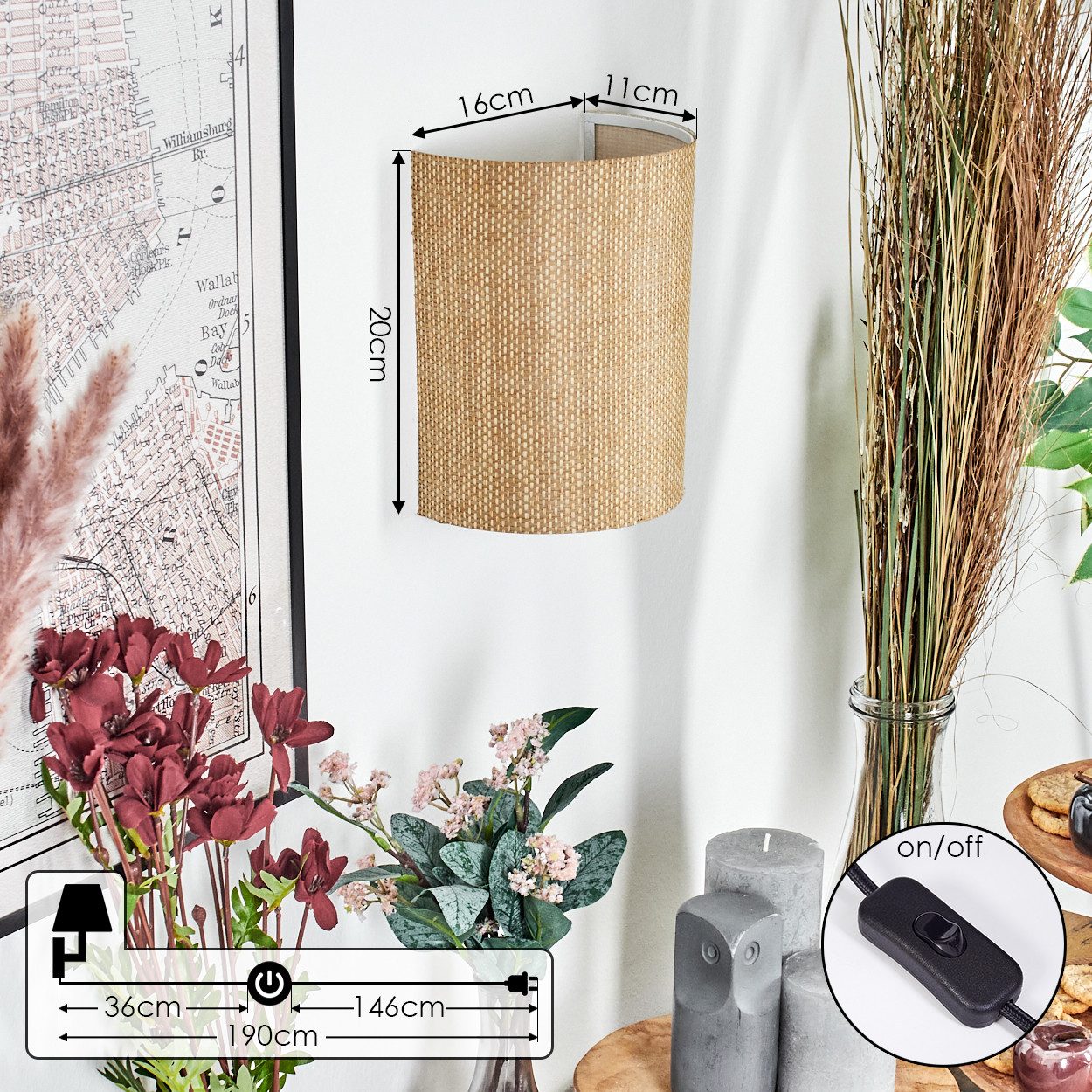 hofstein Wandleuchte Wandlampe aus Metall/Papiergeflecht in Schwarz/Natur mit Lichteffekt, Wandleuchte Boho-Design, Stecker u. Schalter, abnehmbares Kabel, E27