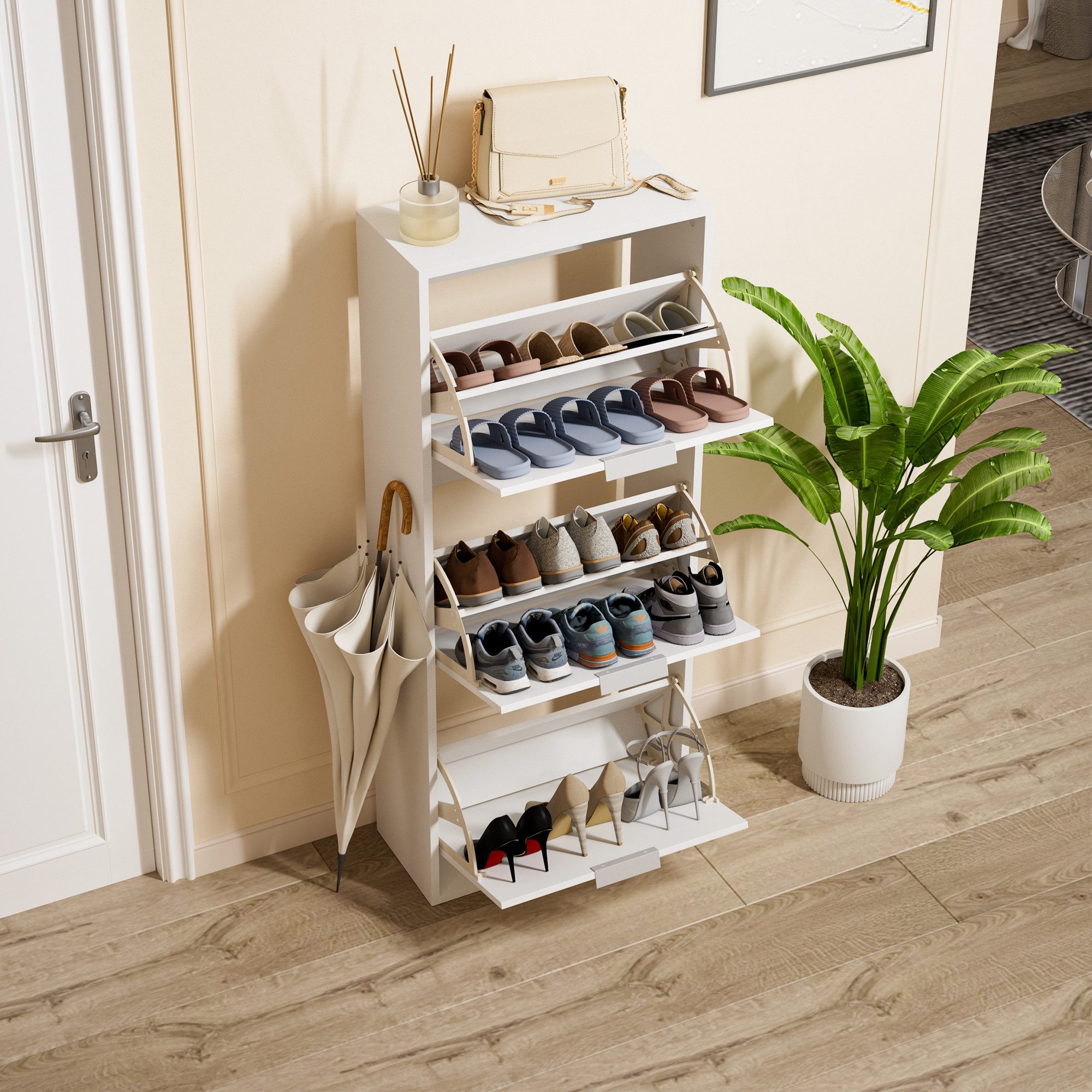 UEV Schuhschrank Spiegelschuhschrank schmal mit 3 klappen flurschrank klappschuhschrank (Schuhkipper Schuhregal Aufbewahrungsschrank, Schuhständerregal, Trennwände verstellbar und abnehmbar für verschiedene Schuhtypen) 50 x 23 x 121,5 cm für Wohnzimmer Flur möbel