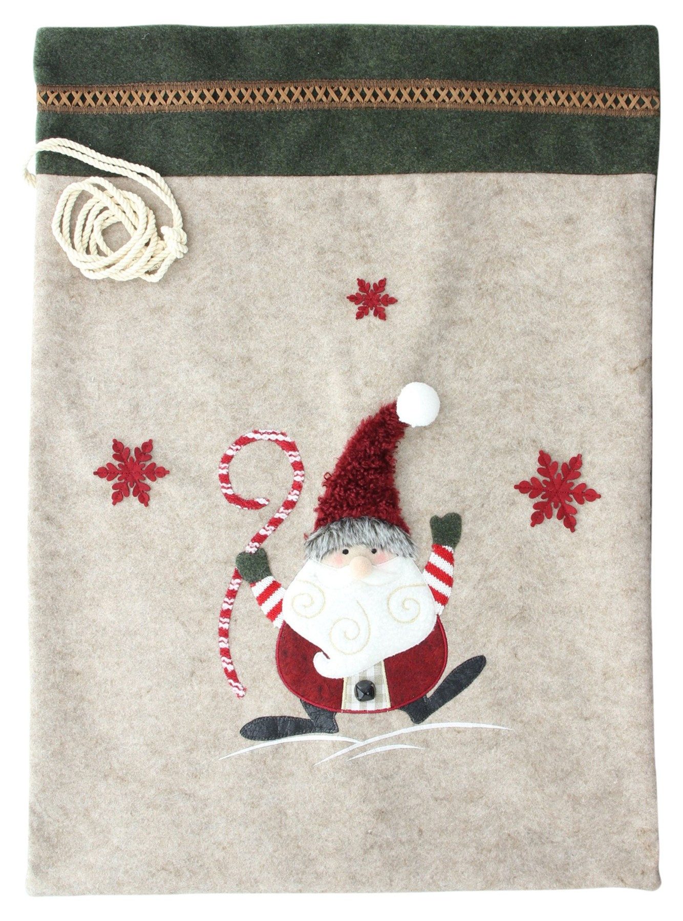 Dekoleidenschaft Aufbewahrungstasche Geschenkbeutel "Wichtel" aus Filz, grau / grün, 51x68 cm groß, Sack, Geschenksack mit Weihnachtsmannfigur, Filzbeutel, Weihnachtsdekoration