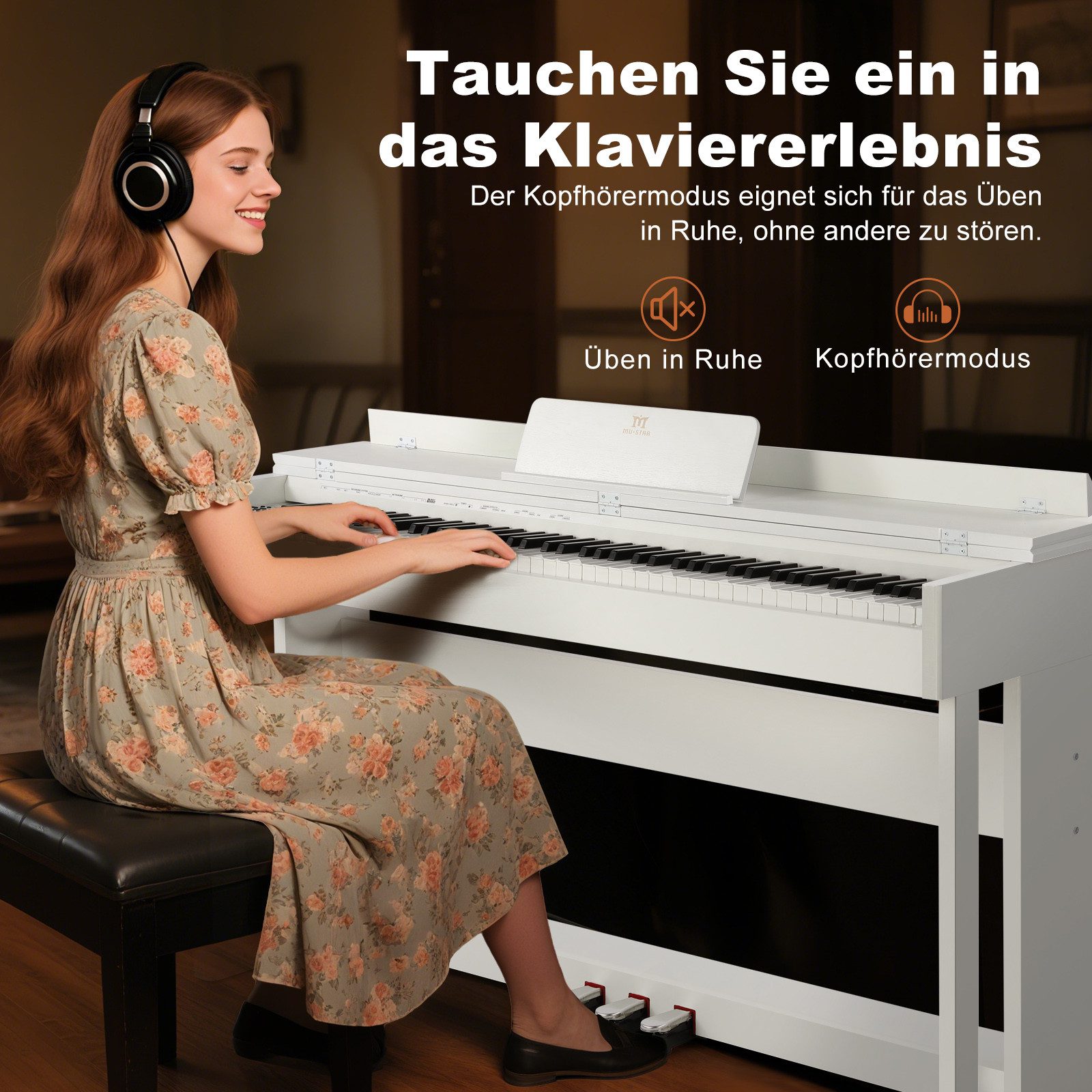 MUSTAR Digitalpiano Professionelles Digitalpiano 88 Tasten mit Hammermechanik, Klavierhocker, 3 Pedalen, USB/MIDI & Dualkontrollsystem – Bild 4 von 5