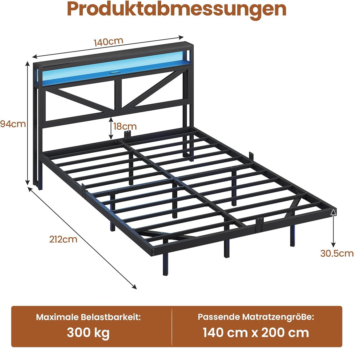 MSMASK Metallbett Modernes Schwebendes Bettrahmen mit USB-Ladeanschluss (Oh günstig online kaufen